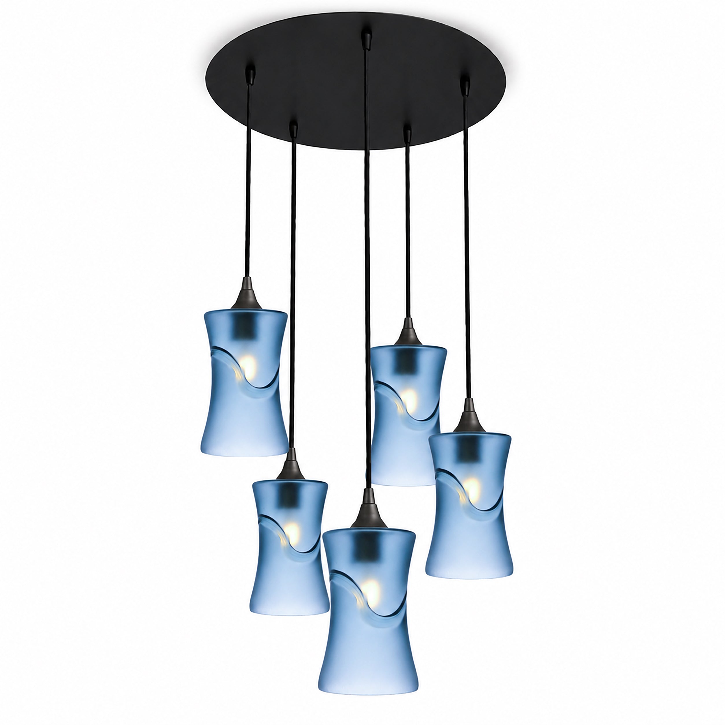 818 5 Pendant Cascade Chandelier-Bicycle Glass Co-Glacial-Steel Blue-Matte Black - 4ft Cord-Bicycle Glass Co