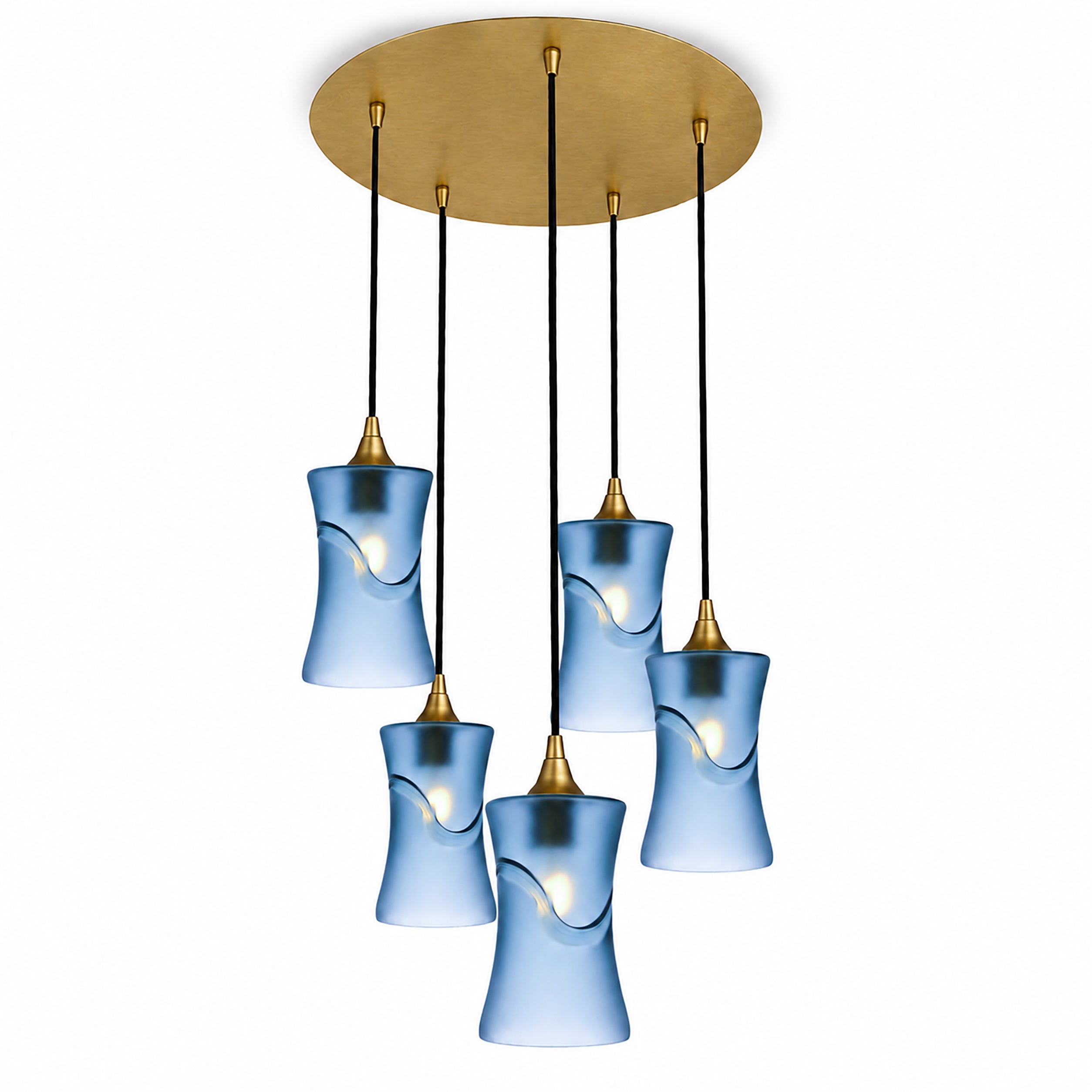 818 5 Pendant Cascade Chandelier-Bicycle Glass Co-Glacial-Steel Blue-Polished Brass - 4ft Cord-Bicycle Glass Co