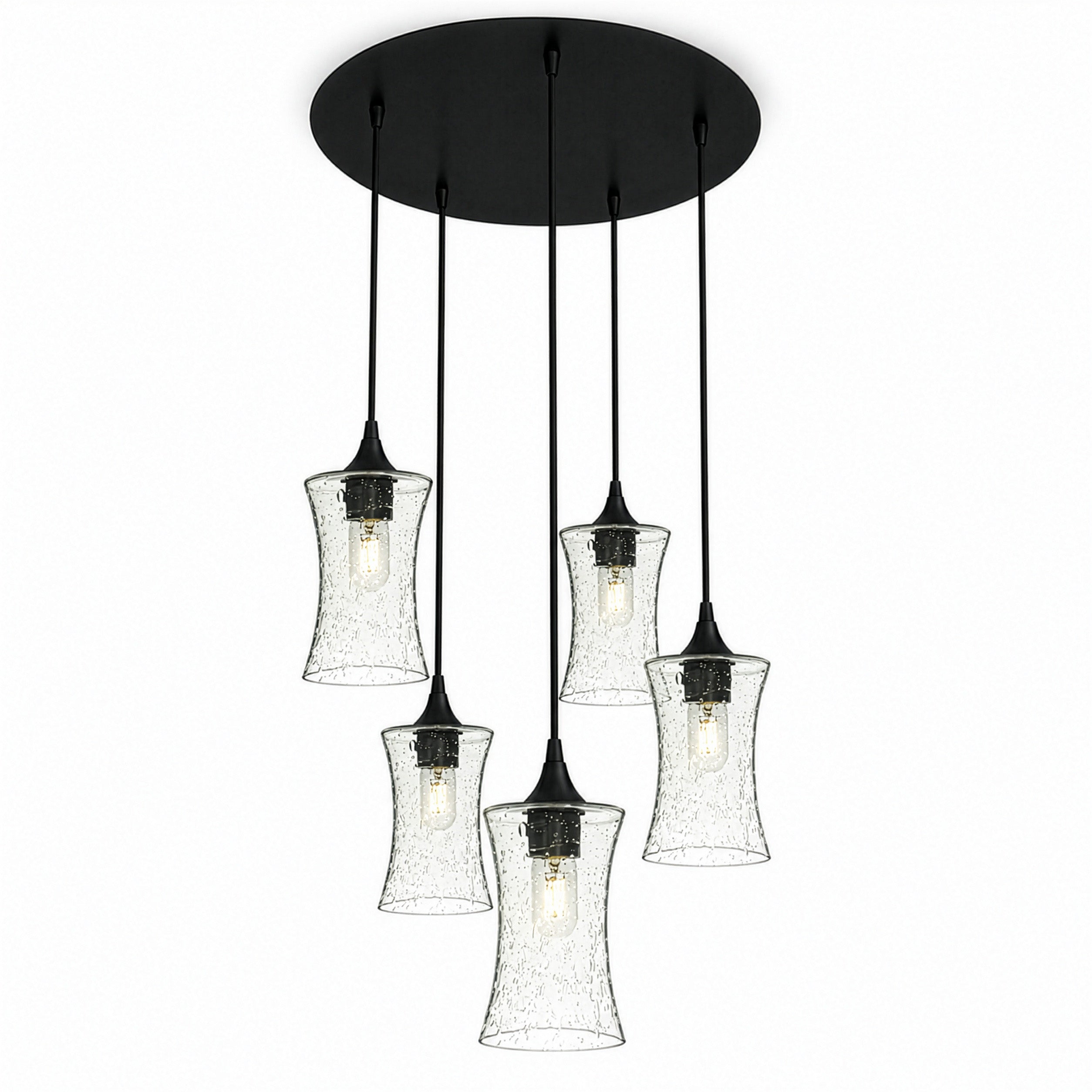 818 5 Pendant Cascade Chandelier-Bicycle Glass Co-Lunar-Eco Clear-Matte Black - 4ft Cord-Bicycle Glass Co