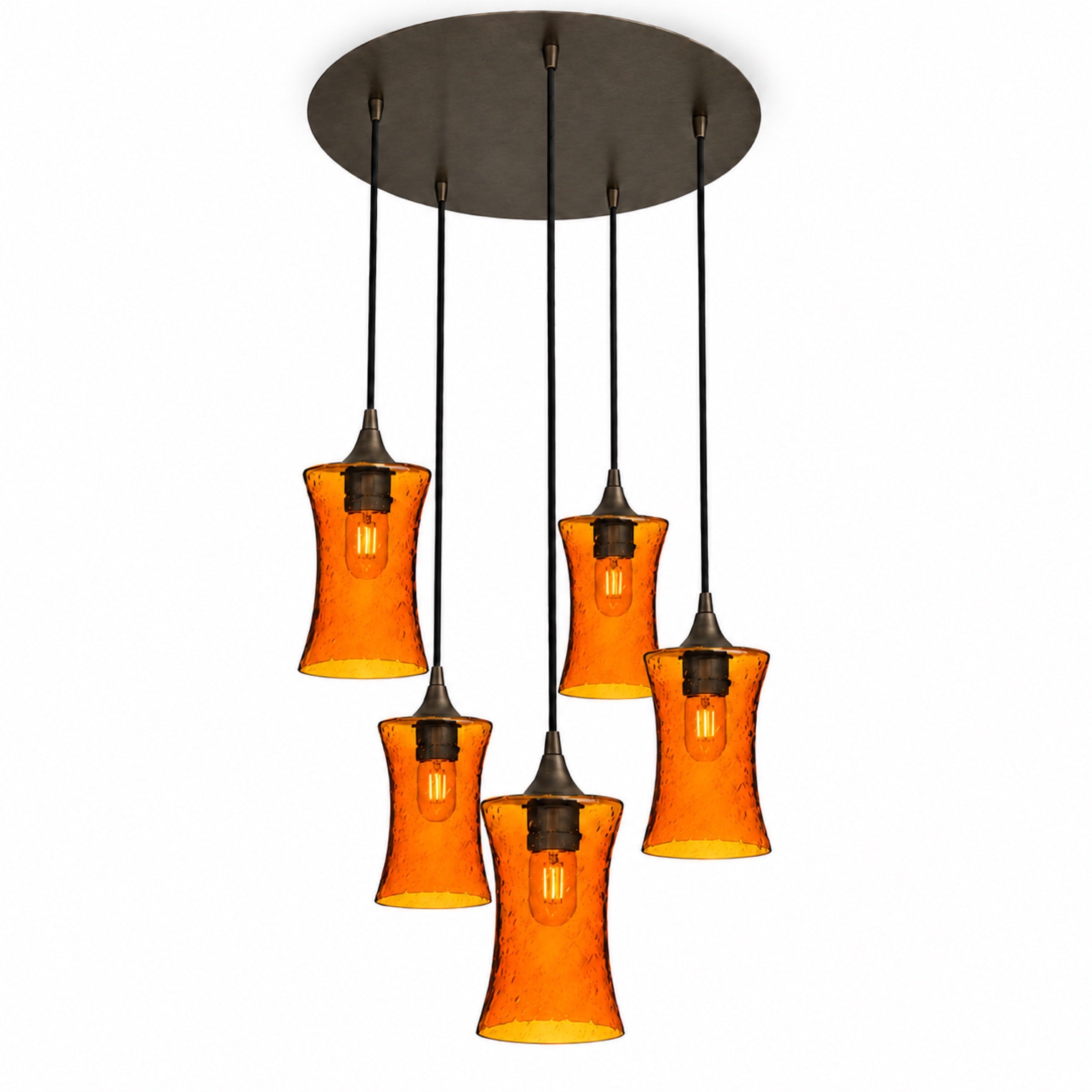 818 5 Pendant Cascade Chandelier-Bicycle Glass Co-Lunar-Golden Amber-Antique Bronze - 4ft Cord-Bicycle Glass Co