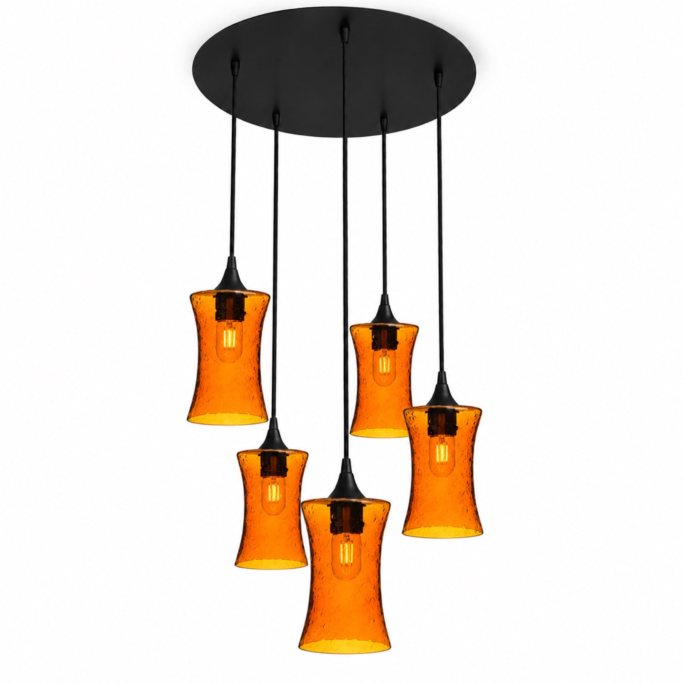 818 5 Pendant Cascade Chandelier-Bicycle Glass Co-Lunar-Golden Amber-Matte Black - 4ft Cord-Bicycle Glass Co