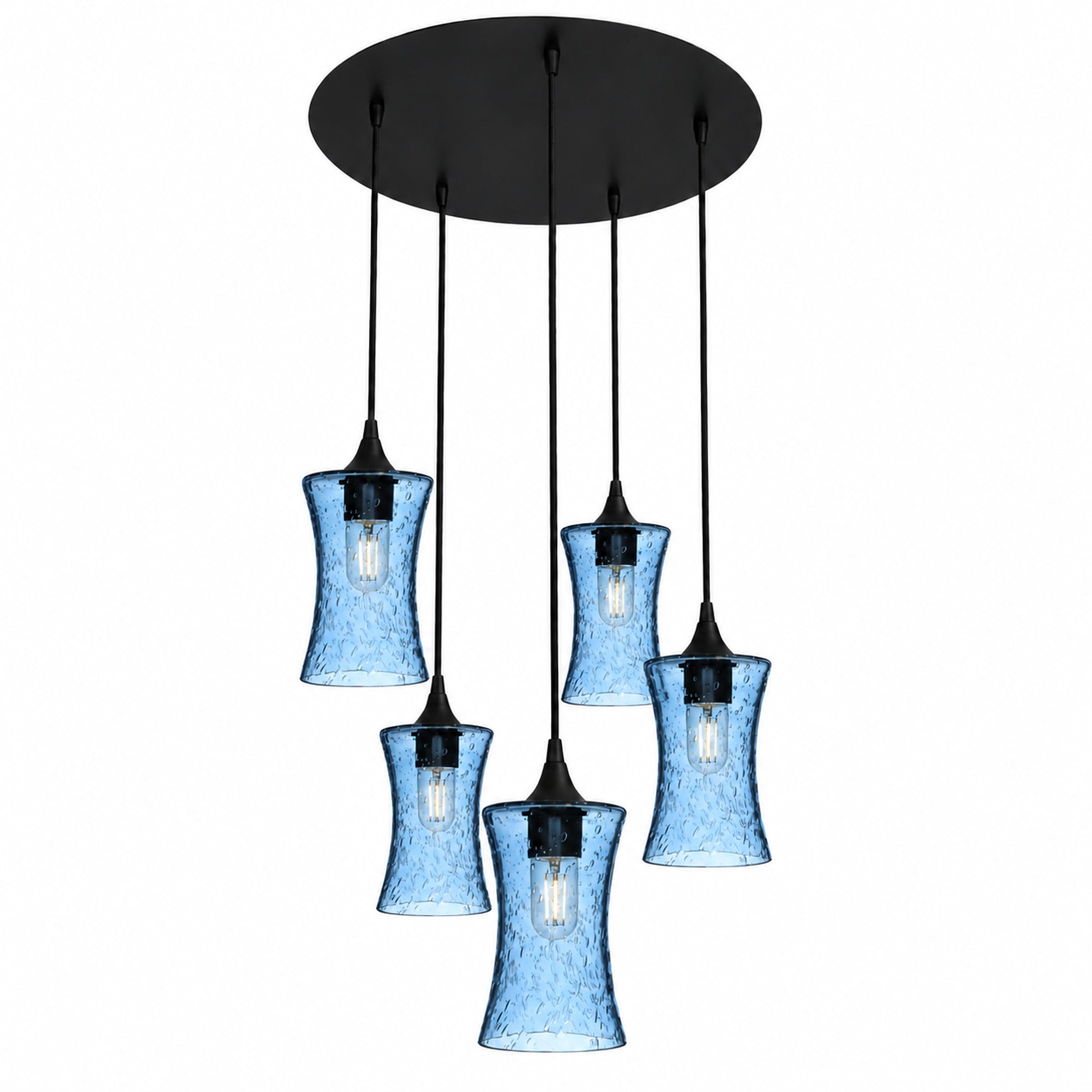 818 5 Pendant Cascade Chandelier-Bicycle Glass Co-Lunar-Steel Blue-Matte Black - 4ft Cord-Bicycle Glass Co