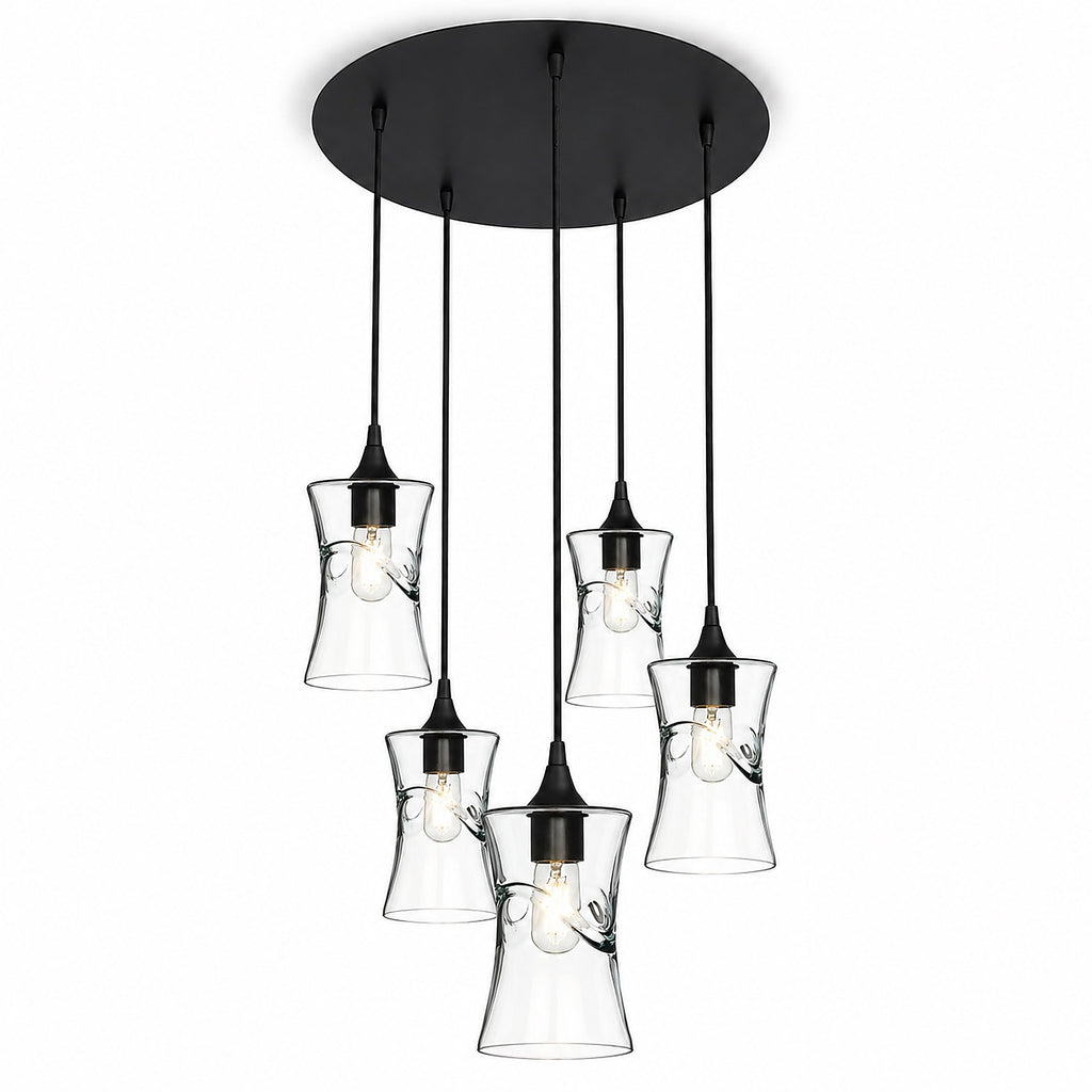 818 5 Pendant Cascade Chandelier-Bicycle Glass Co-Swell-Eco Clear-Matte Black - 4ft Cord-Bicycle Glass Co