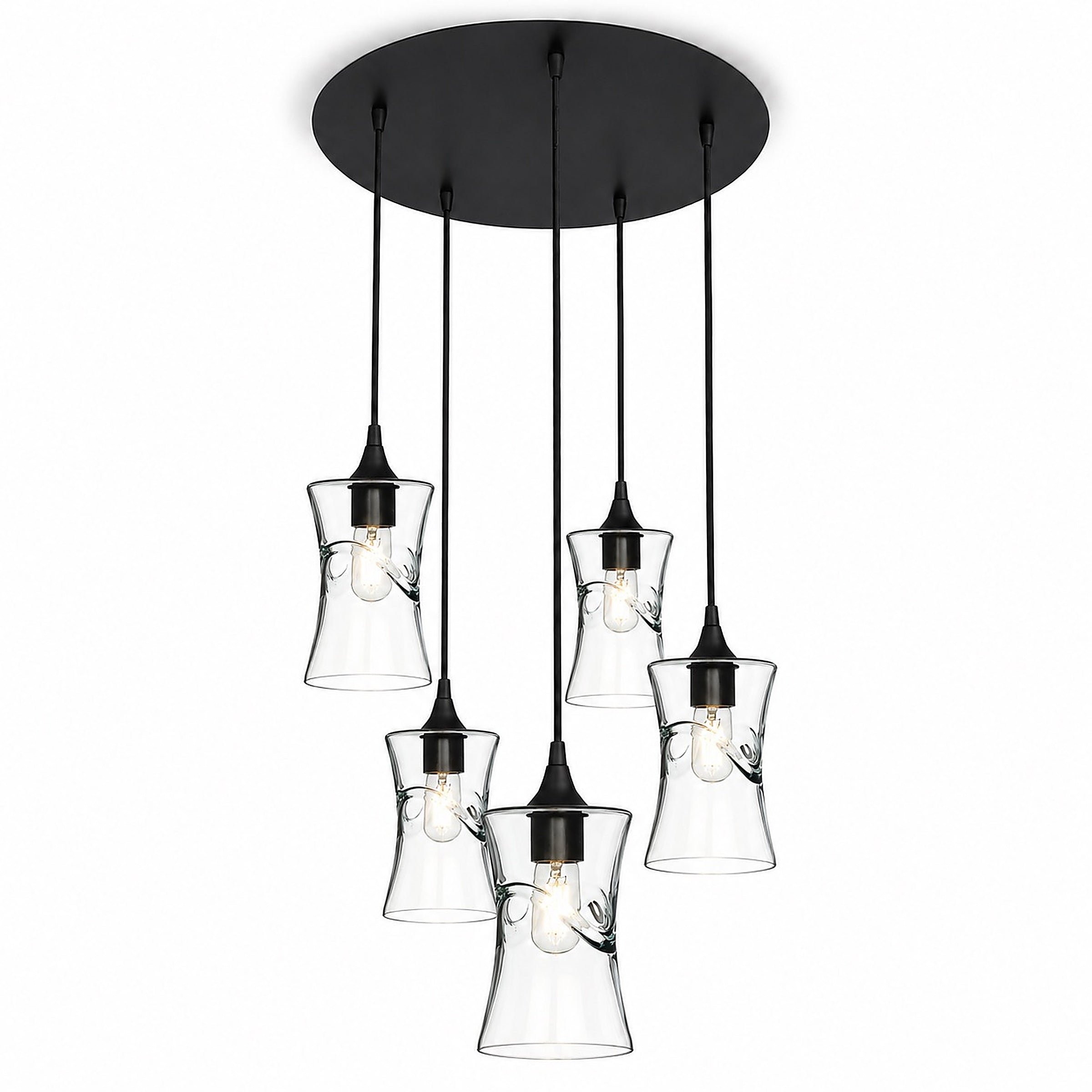 818 5 Pendant Cascade Chandelier-Bicycle Glass Co-Swell-Eco Clear-Matte Black - 4ft Cord-Bicycle Glass Co