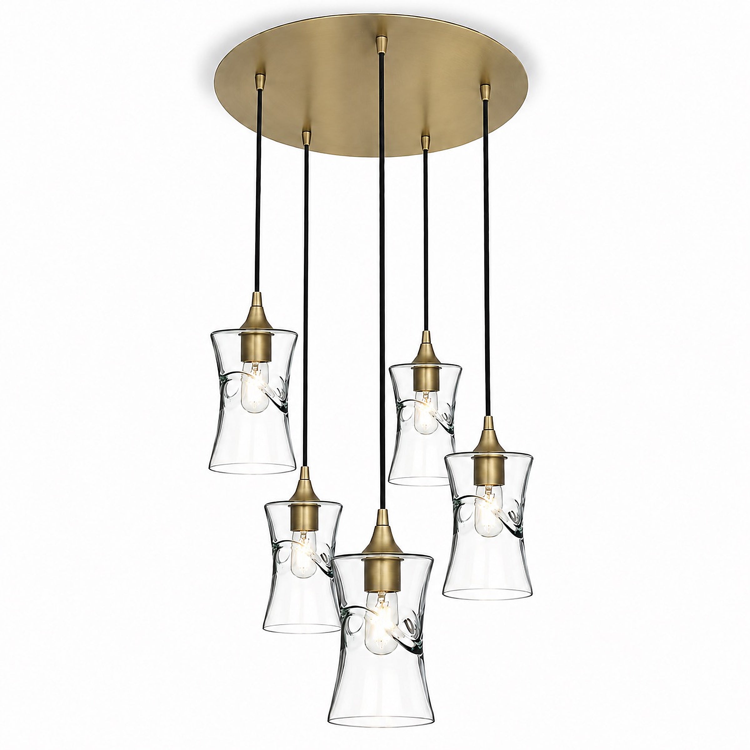 818 5 Pendant Cascade Chandelier-Bicycle Glass Co-Swell-Eco Clear-Polished Brass - 4ft Cord-Bicycle Glass Co