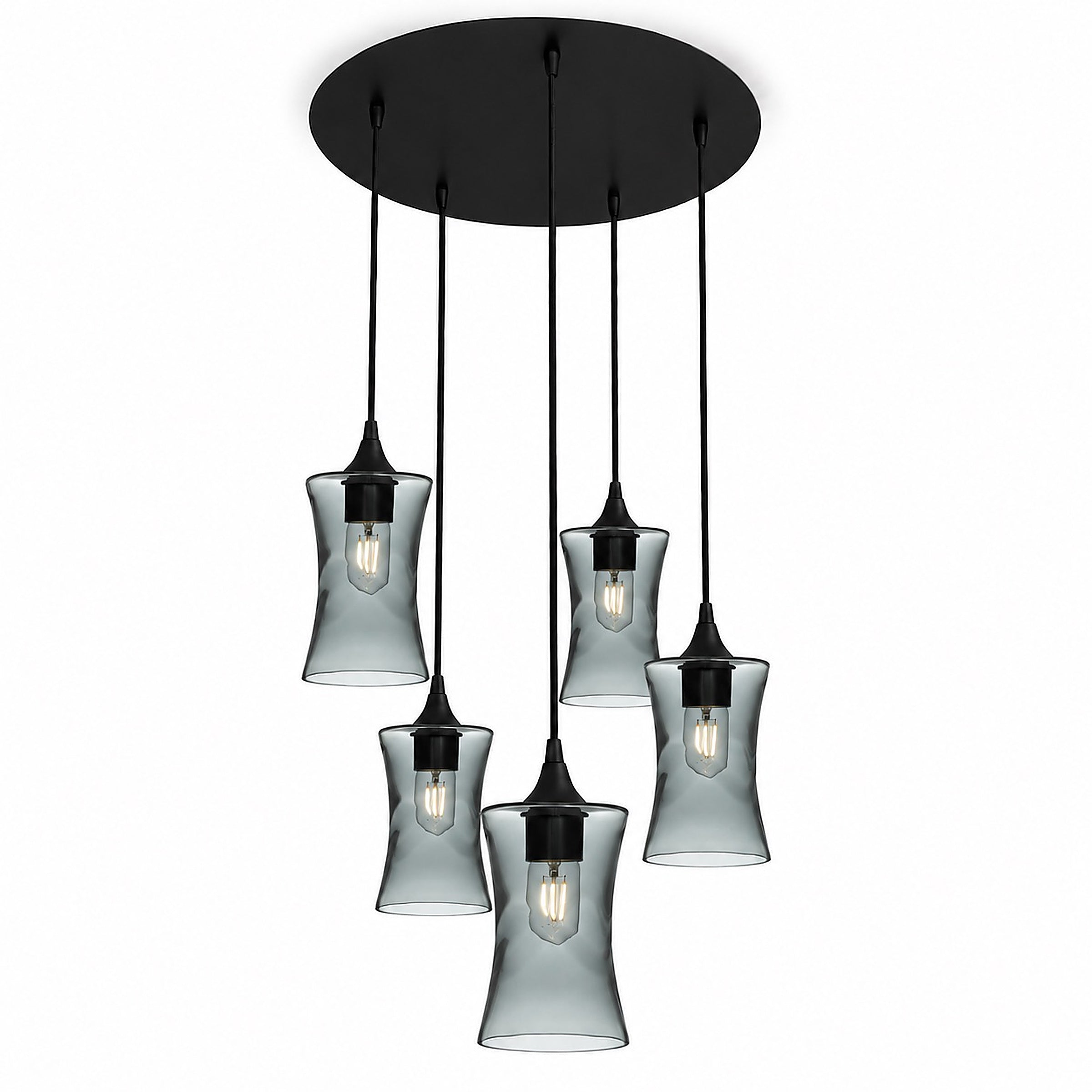 818 5 Pendant Cascade Chandelier-Bicycle Glass Co-Swell-Slate Gray-Matte Black - 4ft Cord-Bicycle Glass Co