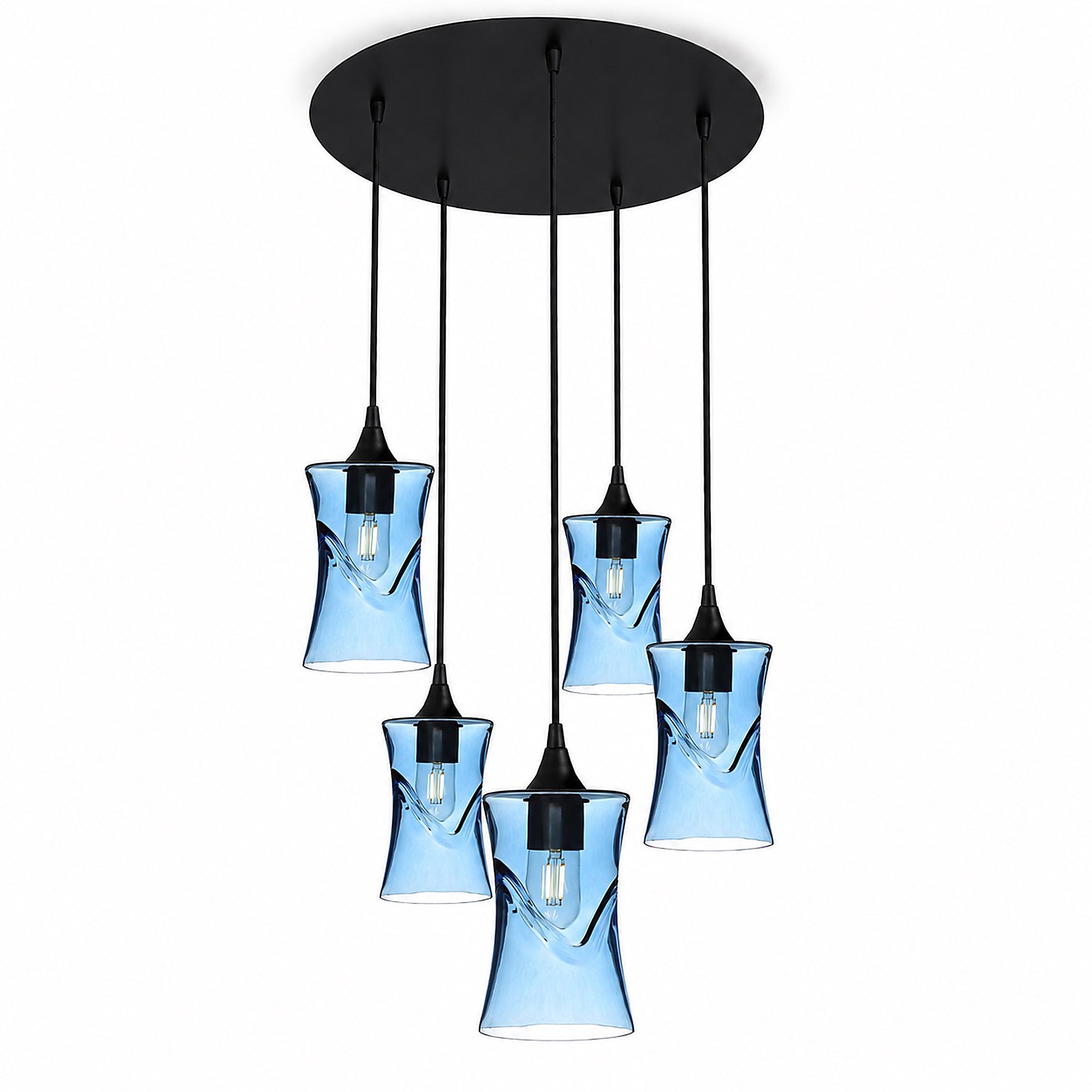 818 5 Pendant Cascade Chandelier-Bicycle Glass Co-Swell-Steel Blue-Matte Black - 4ft Cord-Bicycle Glass Co