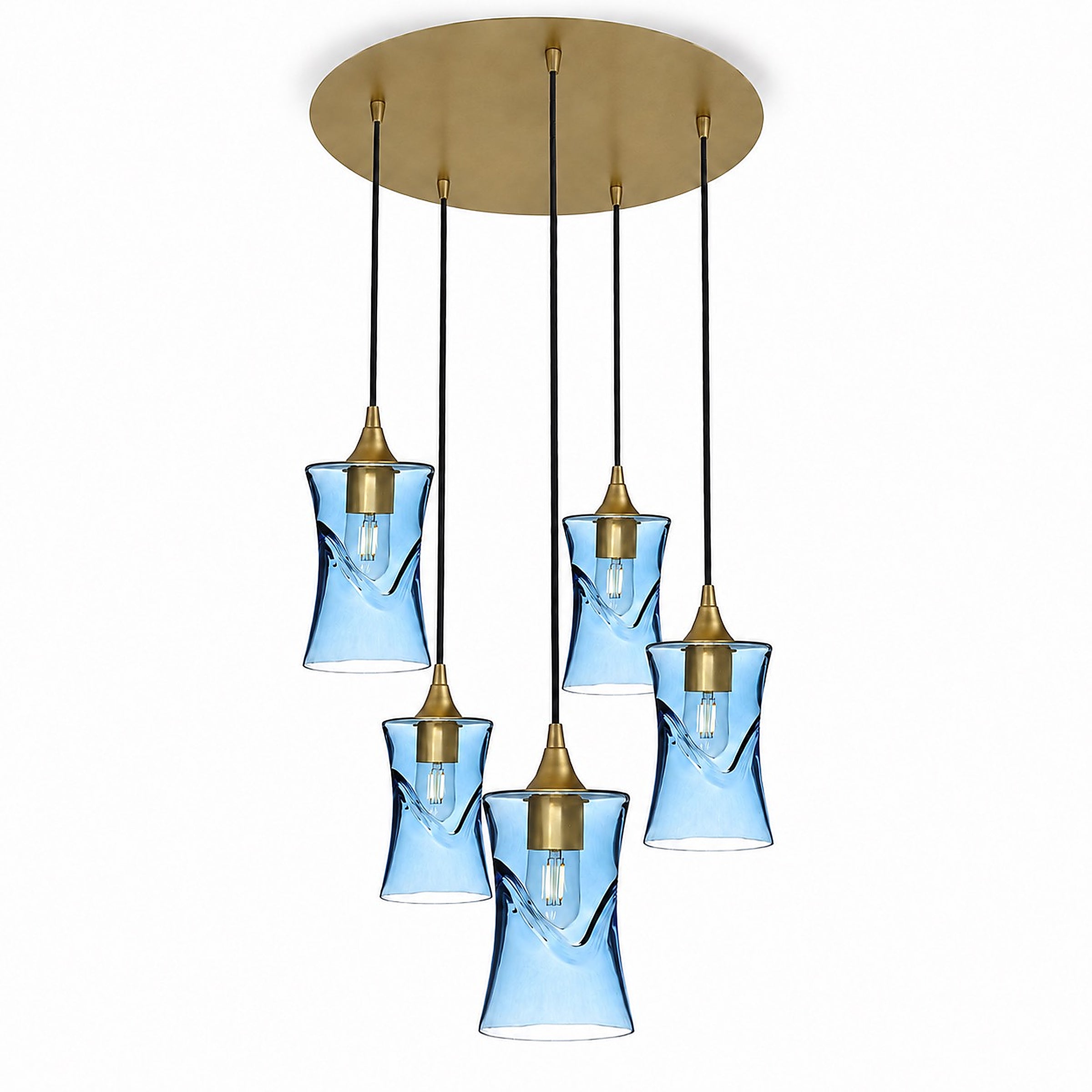818 5 Pendant Cascade Chandelier-Bicycle Glass Co-Swell-Steel Blue-Polished Brass - 4ft Cord-Bicycle Glass Co