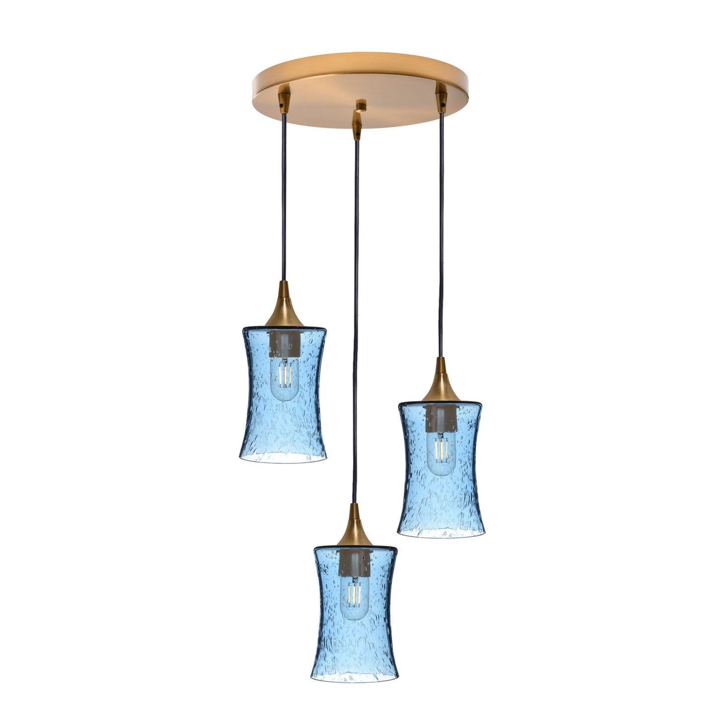 818 Lunar: 3 Pendant Cascade Chandelier-Glass-Bicycle Glass Co - Hotshop-Steel Blue-Polished Brass-Bicycle Glass Co