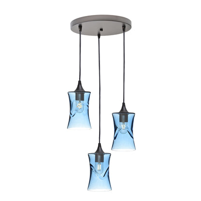 818 Swell: 3 Pendant Cascade Chandelier-Glass-Bicycle Glass Co - Hotshop-Steel Blue-Antique Bronze-Bicycle Glass Co