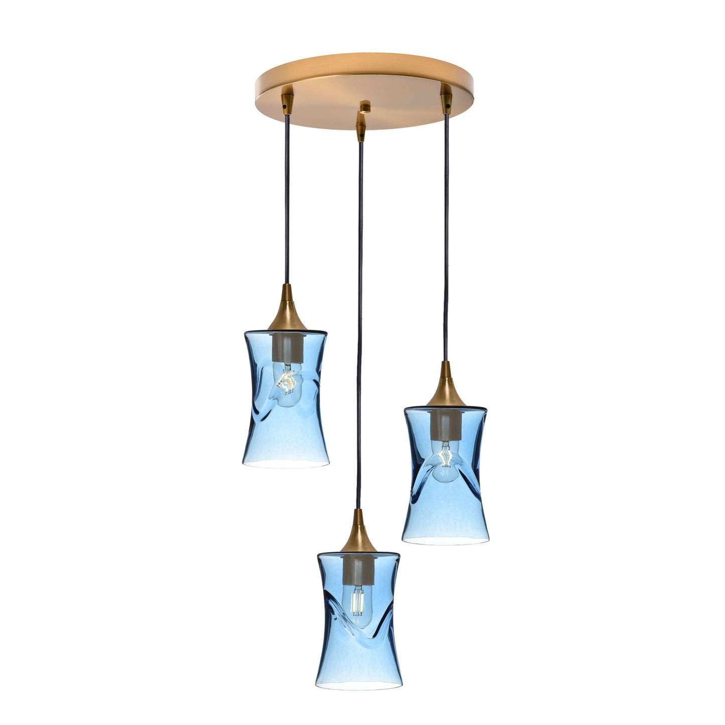 818 Swell: 3 Pendant Cascade Chandelier-Glass-Bicycle Glass Co - Hotshop-Steel Blue-Polished Brass-Bicycle Glass Co