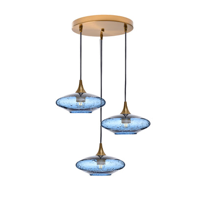 951 Lunar: 3 Pendant Cascade Chandelier-Glass-Bicycle Glass Co - Hotshop-Steel Blue-Polished Brass-Bicycle Glass Co