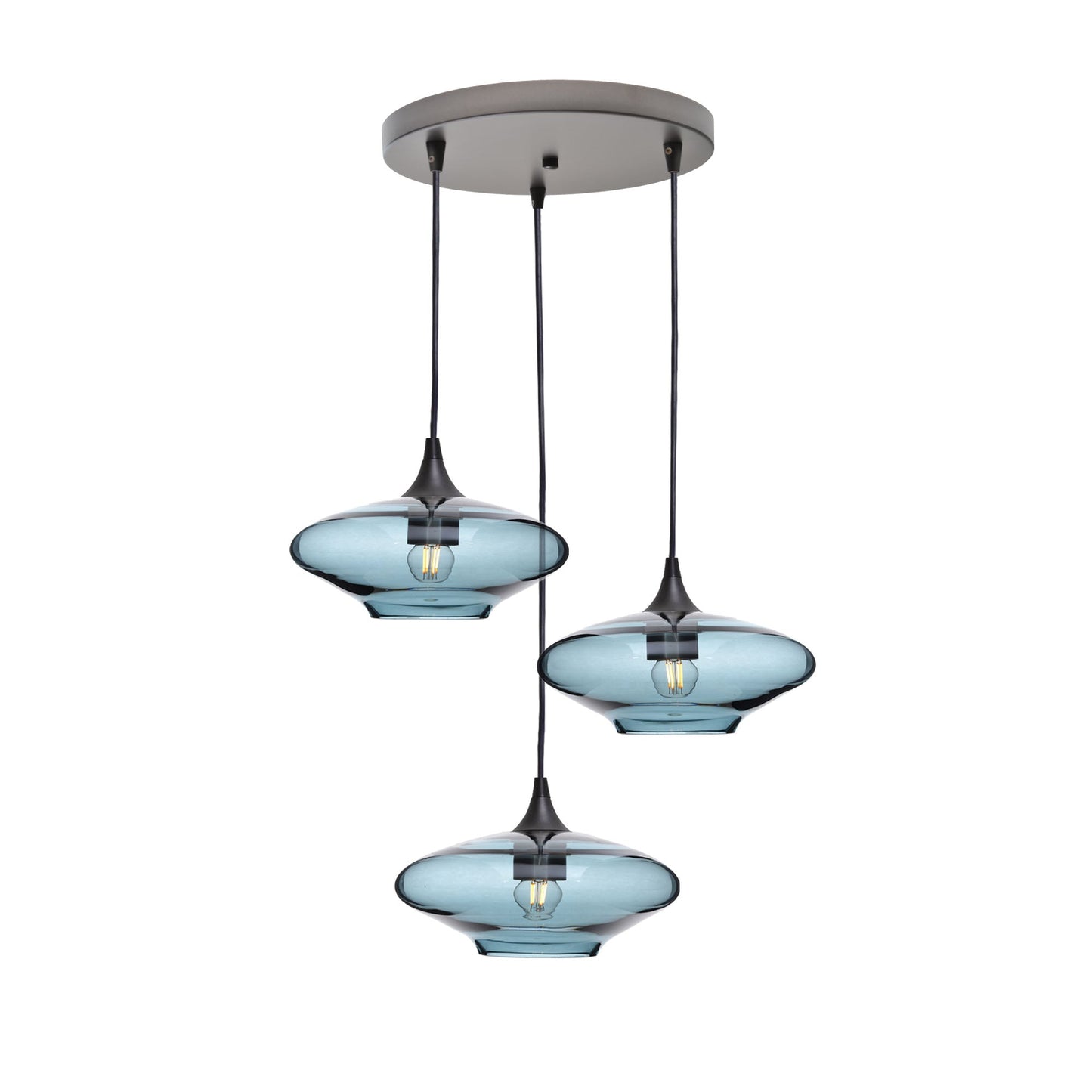 951 3 Pendant Cascade Chandelier-Glass-Bicycle Glass Co-Lucent-Slate Gray-Antique Bronze - 4ft Cord-Bicycle Glass Co