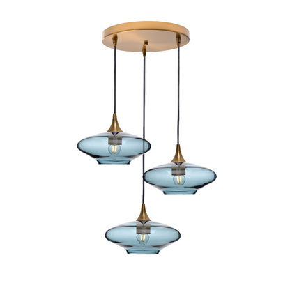 951 3 Pendant Cascade Chandelier-Glass-Bicycle Glass Co-Lucent-Slate Gray-Polished Brass - 4ft Cord-Bicycle Glass Co