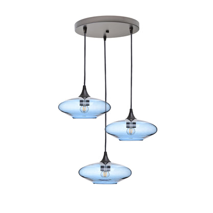 951 3 Pendant Cascade Chandelier-Glass-Bicycle Glass Co-Lucent-Steel Blue-Antique Bronze - 4ft Cord-Bicycle Glass Co