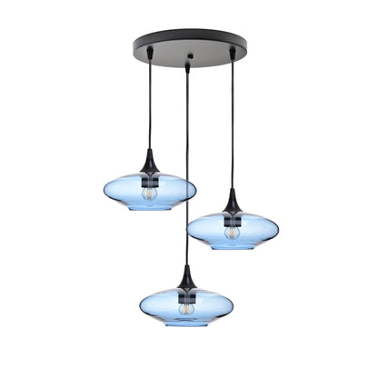 951 3 Pendant Cascade Chandelier-Glass-Bicycle Glass Co-Lucent-Steel Blue-Matte Black - 4ft Cord-Bicycle Glass Co
