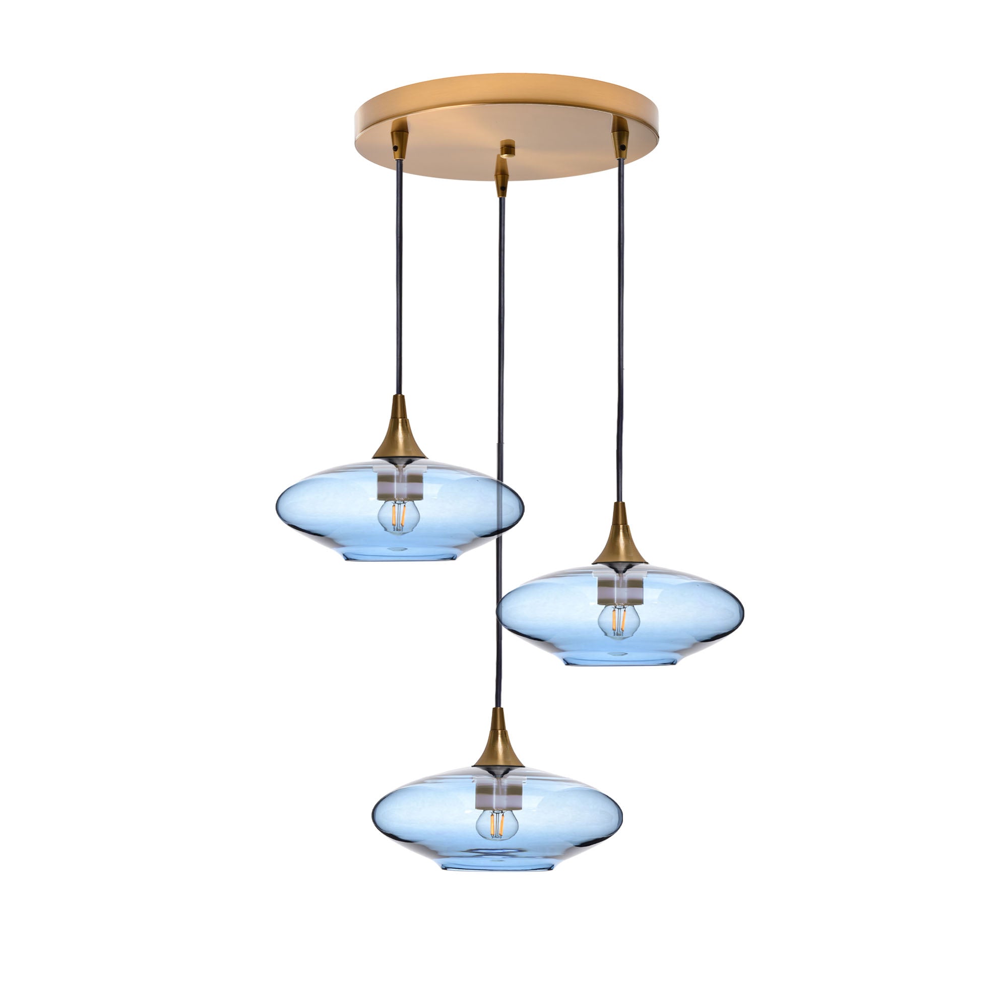 951 3 Pendant Cascade Chandelier-Glass-Bicycle Glass Co-Lucent-Steel Blue-Polished Brass - 4ft Cord-Bicycle Glass Co