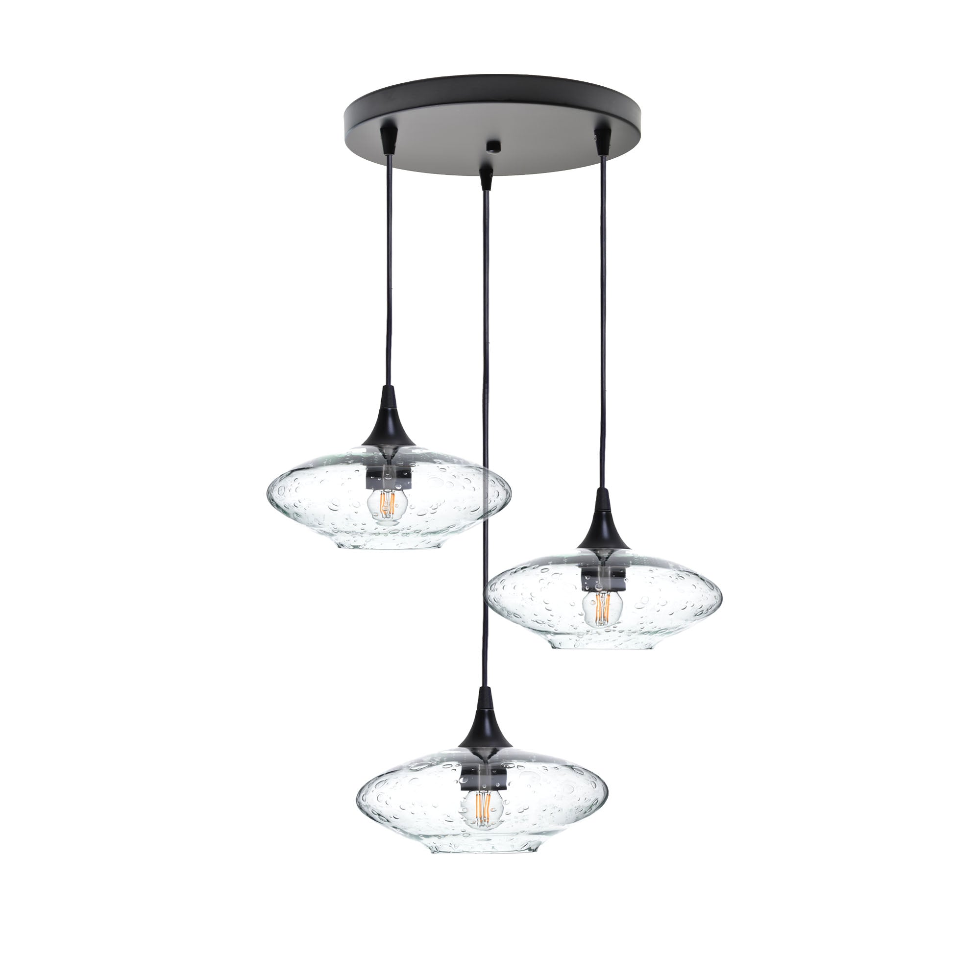 951 3 Pendant Cascade Chandelier-Glass-Bicycle Glass Co-Lunar-Eco Clear-Matte Black - 4ft Cord-Bicycle Glass Co
