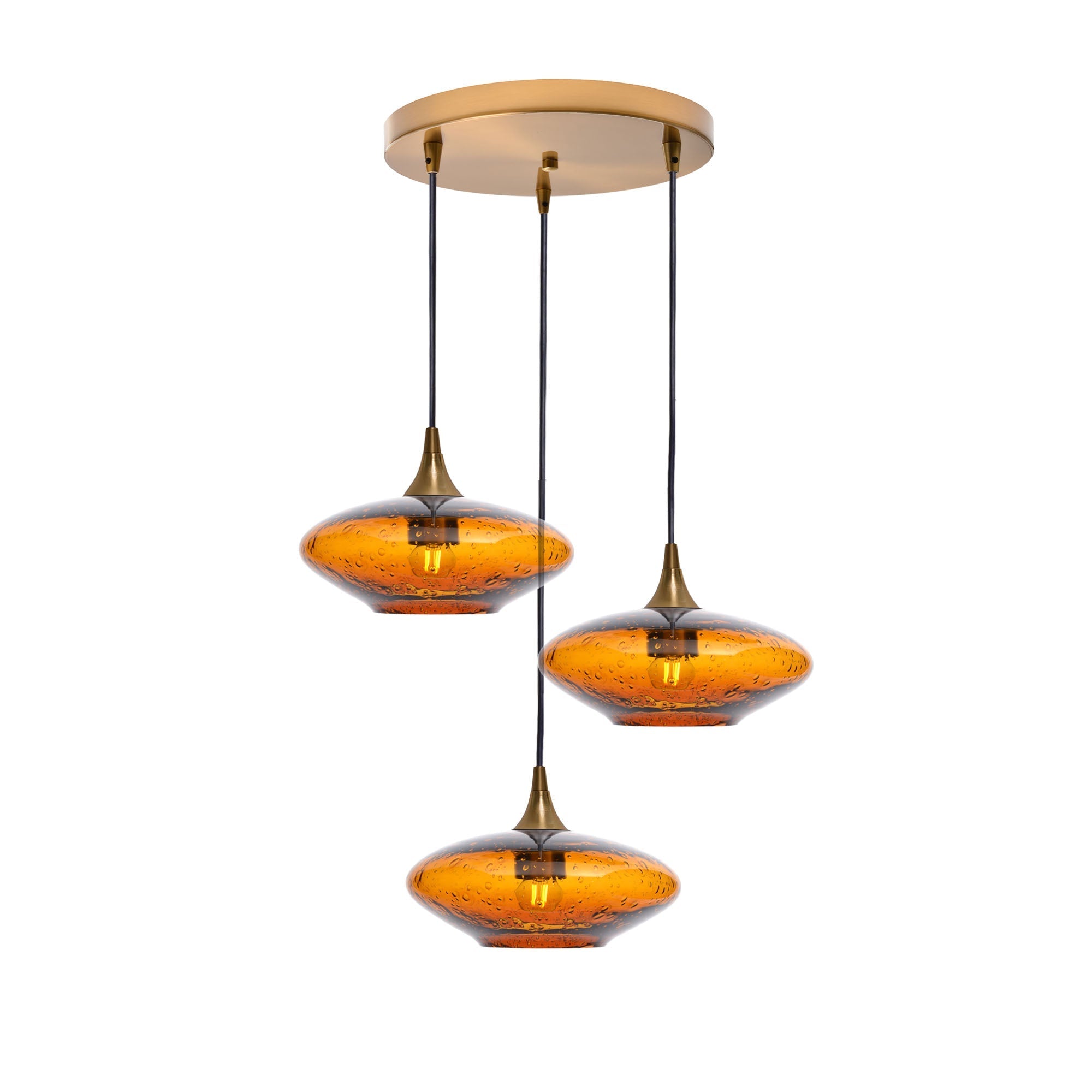 951 3 Pendant Cascade Chandelier-Glass-Bicycle Glass Co-Lunar-Golden Amber-Polished Brass - 4ft Cord-Bicycle Glass Co
