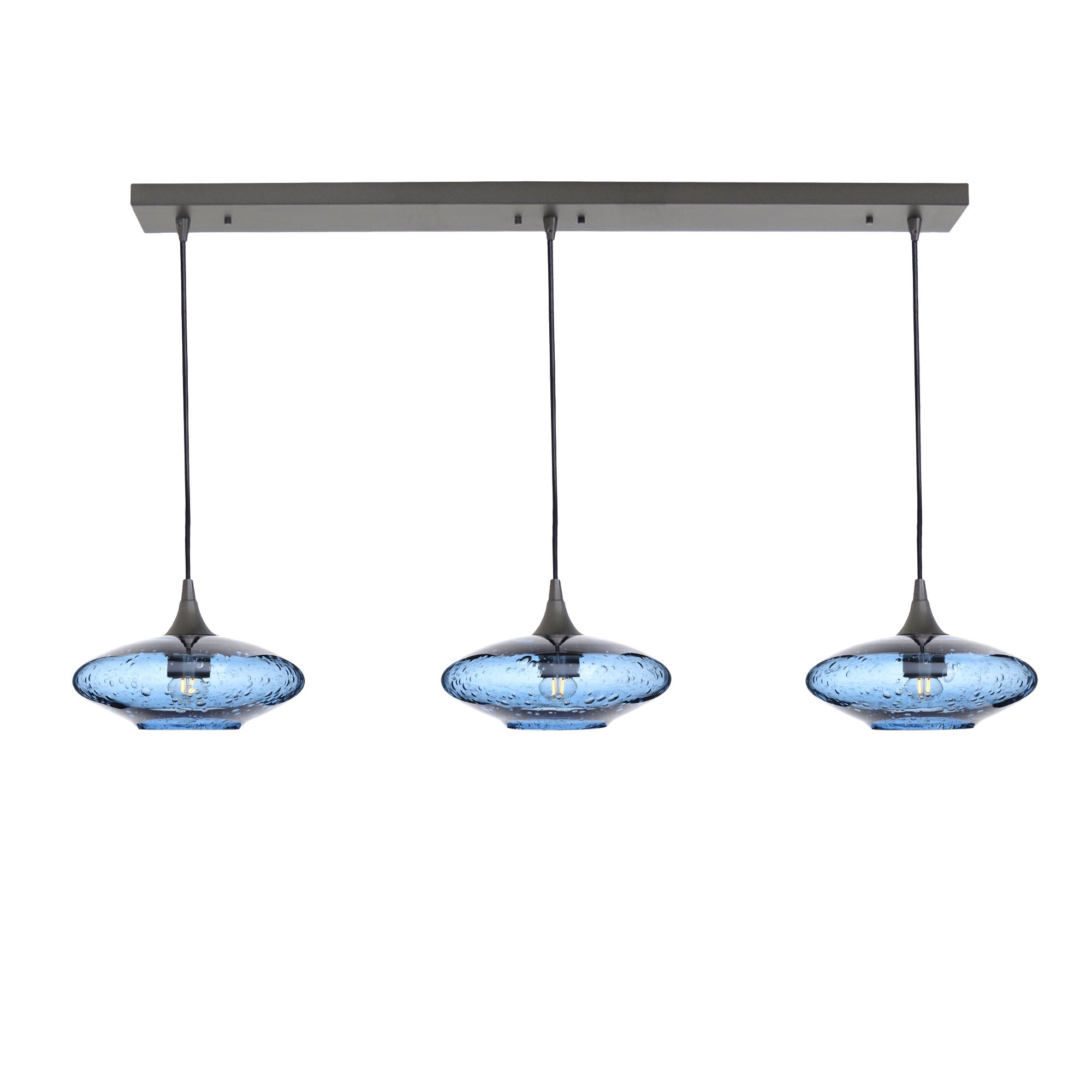 951 3 Pendant Linear Chandelier-Glass-Bicycle Glass Co - Hotshop-Antique Bronze - 4ft Cord-Lunar-Steel Blue-Bicycle Glass Co