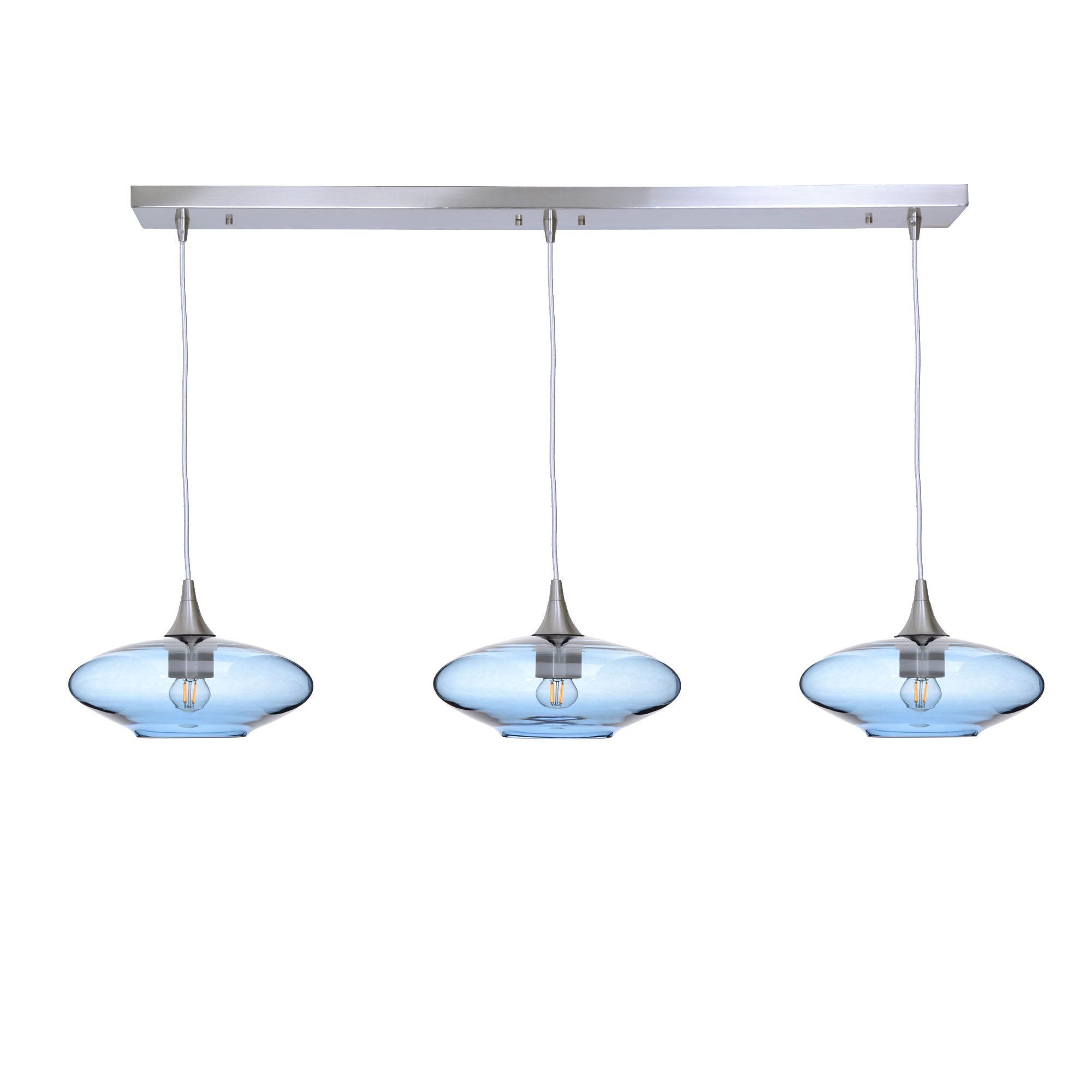 951 3 Pendant Linear Chandelier-Glass-Bicycle Glass Co - Hotshop-Brushed Nickel - 4ft Cord-Lucent-Steel Blue-Bicycle Glass Co