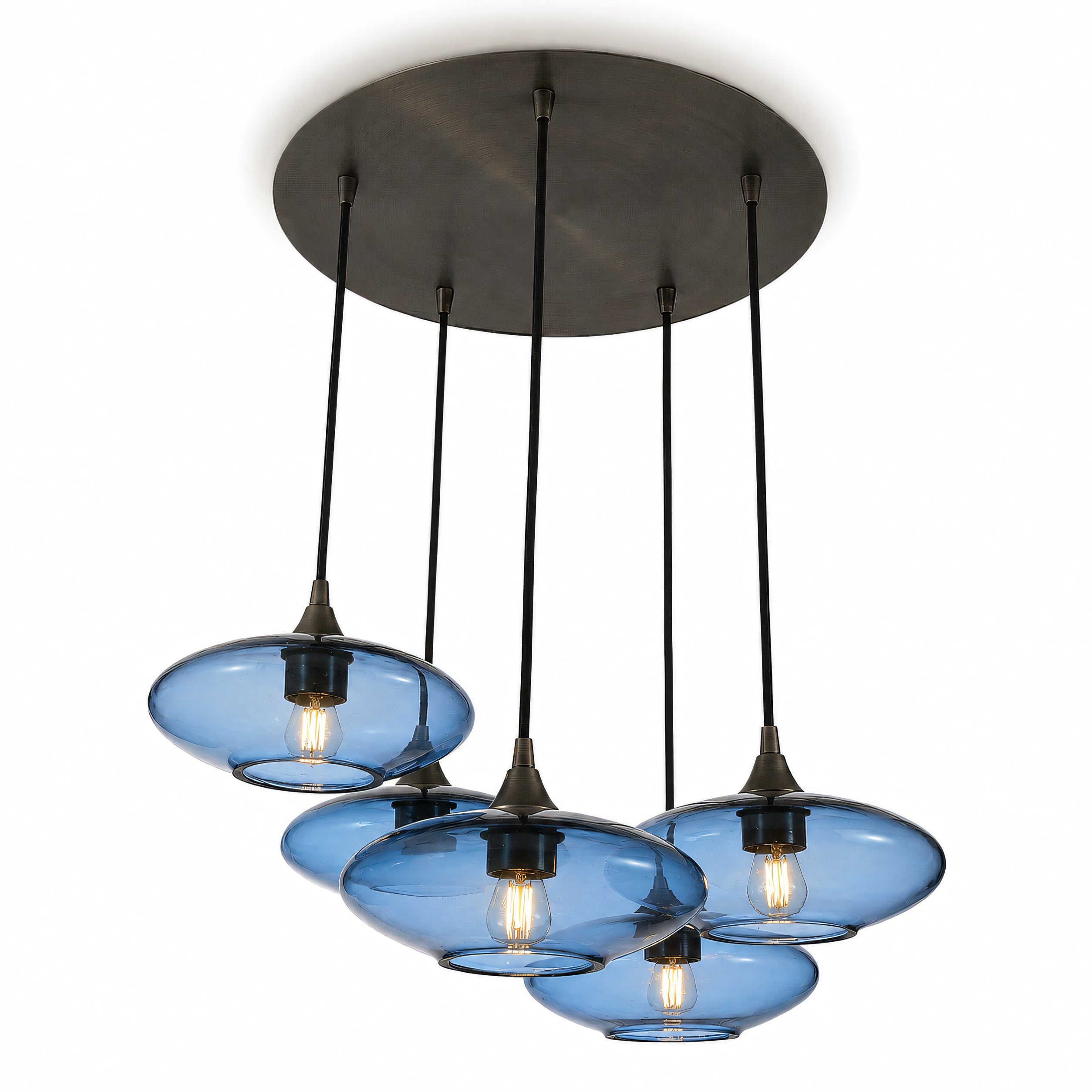 951 5 Pendant Cascade Chandelier-Bicycle Glass Co-Lucent-Steel Blue-Antique Bronze - 4ft Cord-Bicycle Glass Co