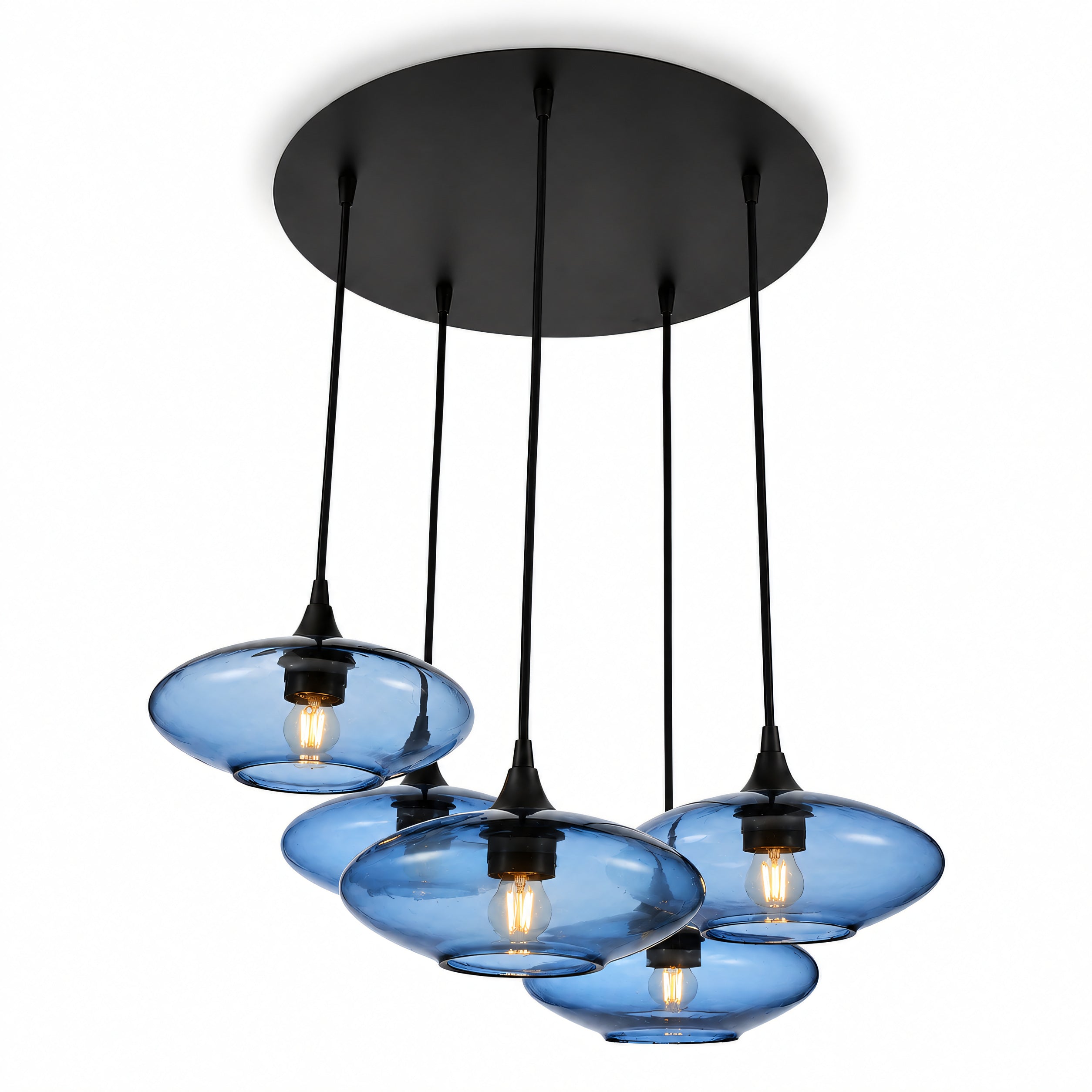 951 5 Pendant Cascade Chandelier-Bicycle Glass Co-Lucent-Steel Blue-Matte Black - 4ft Cord-Bicycle Glass Co