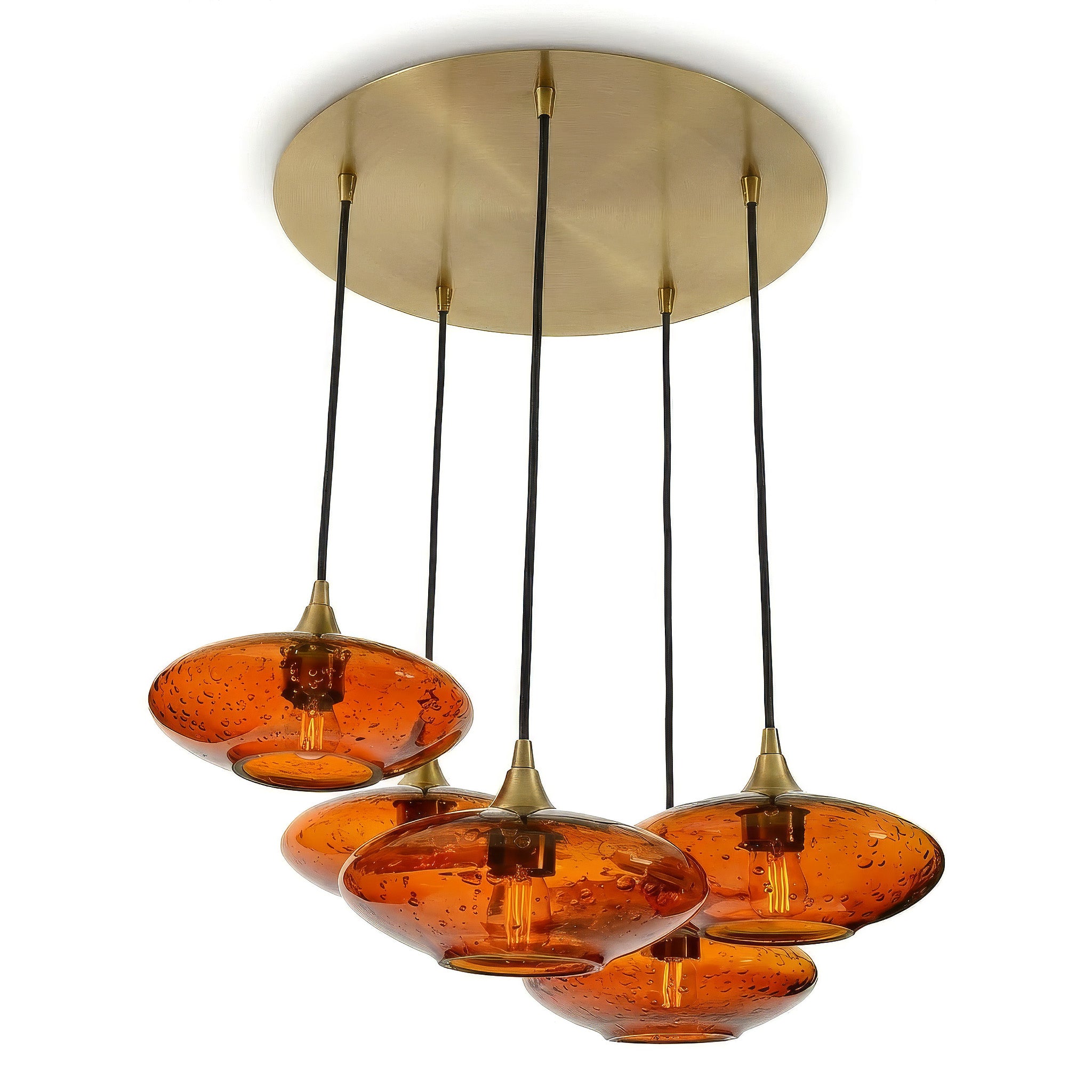 951 5 Pendant Cascade Chandelier-Bicycle Glass Co-Lunar-Golden Amber-Polished Brass - 4ft Cord-Bicycle Glass Co