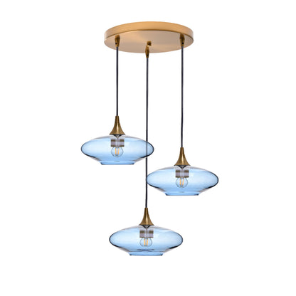 951 Lucent: 3 Pendant Cascade Chandelier-Glass-Bicycle Glass Co - Hotshop-Steel Blue-Polished Brass-Bicycle Glass Co