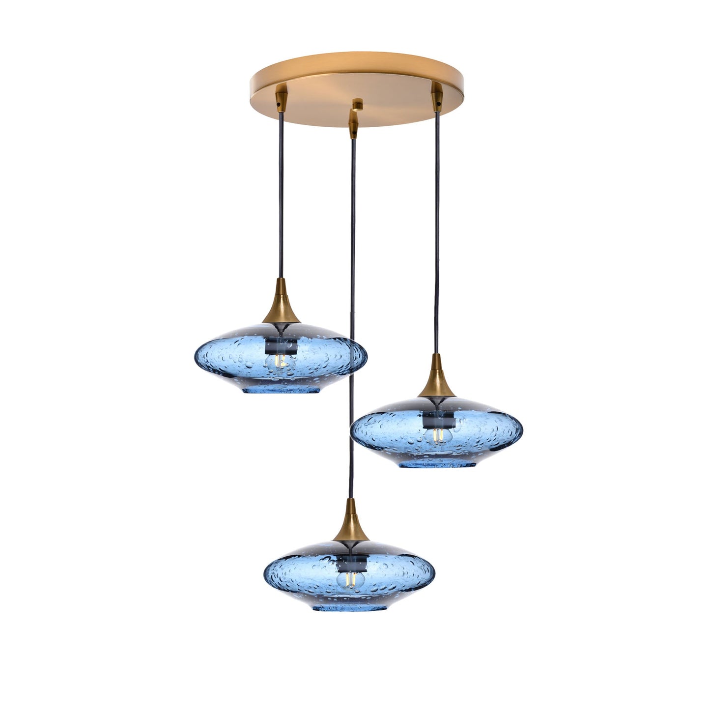 951 Lunar: 3 Pendant Cascade Chandelier-Glass-Bicycle Glass Co - Hotshop-Steel Blue-Polished Brass-Bicycle Glass Co