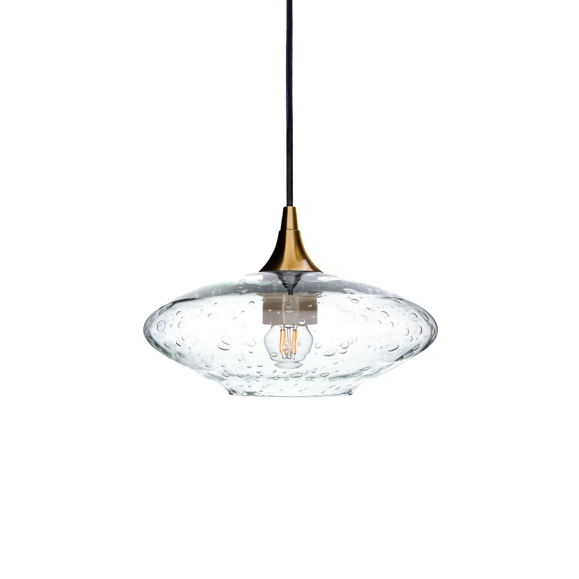 951 Single Pendant Light-Bicycle Glass Co-Polished Brass 15ft Cord + Track Mount-Lunar-Eco Clear-Bicycle Glass Co