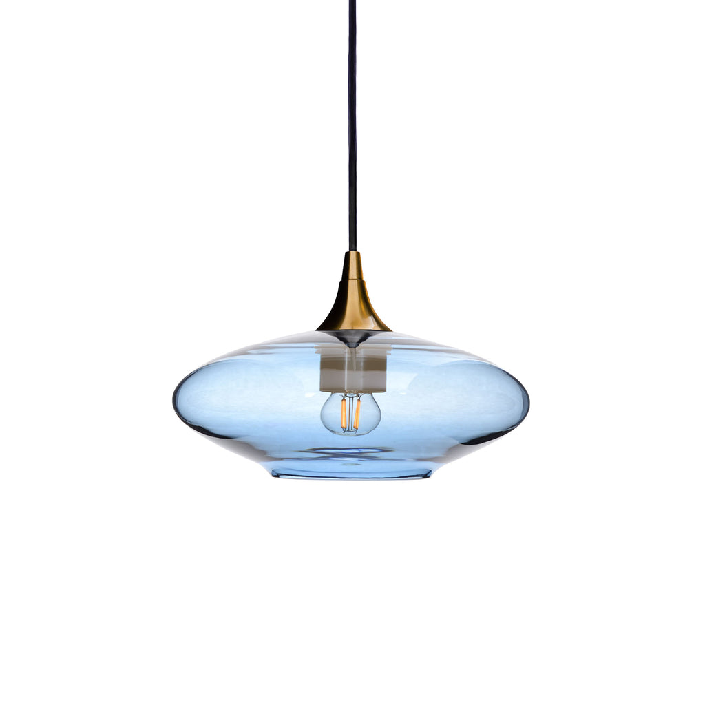 951 Single Pendant Light-Bicycle Glass Co-Polished Brass 15ft Cord + Track Mount-Lucent-Steel Blue-Bicycle Glass Co