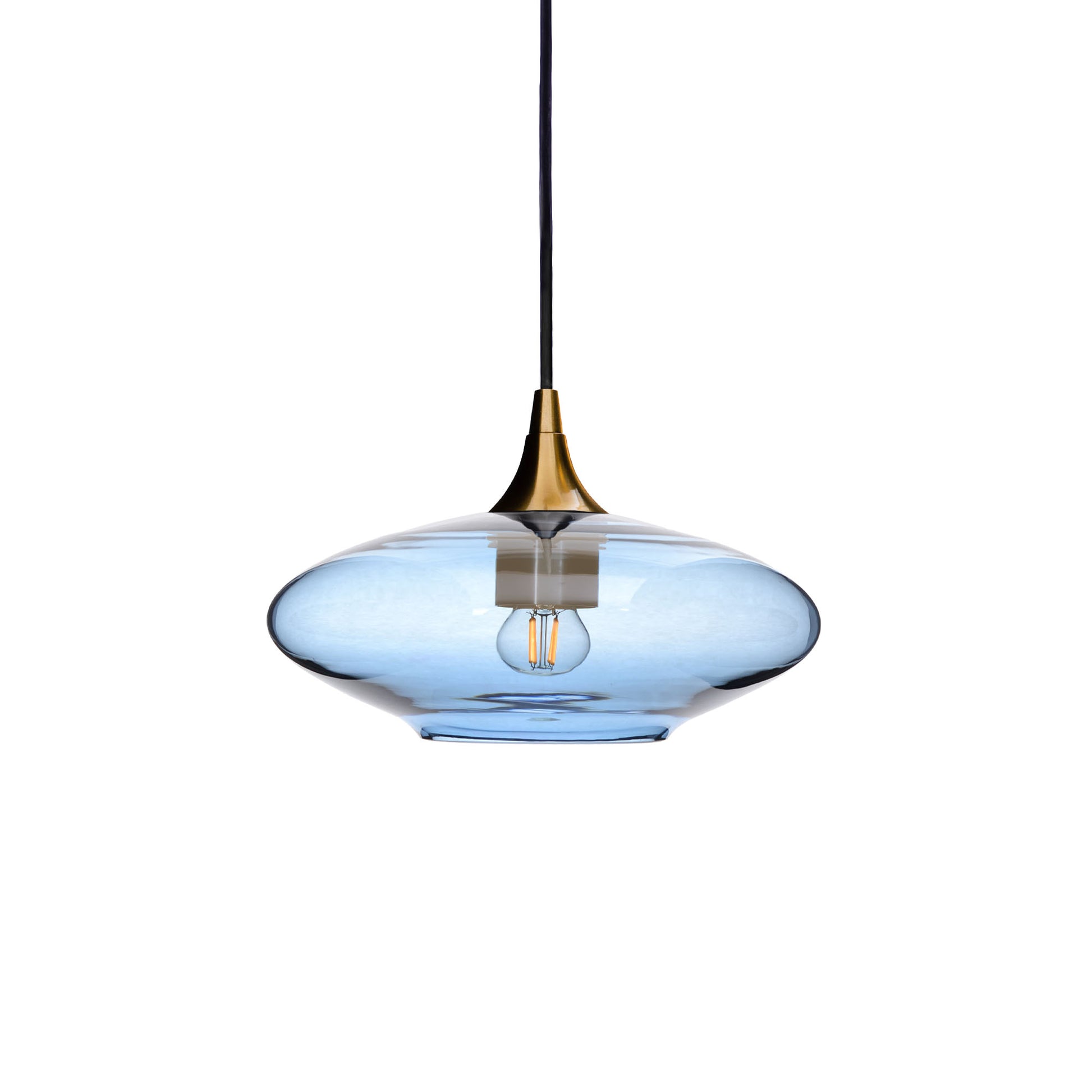 951 Single Pendant Light-Bicycle Glass Co-Polished Brass 15ft Cord + Track Mount-Lucent-Steel Blue-Bicycle Glass Co