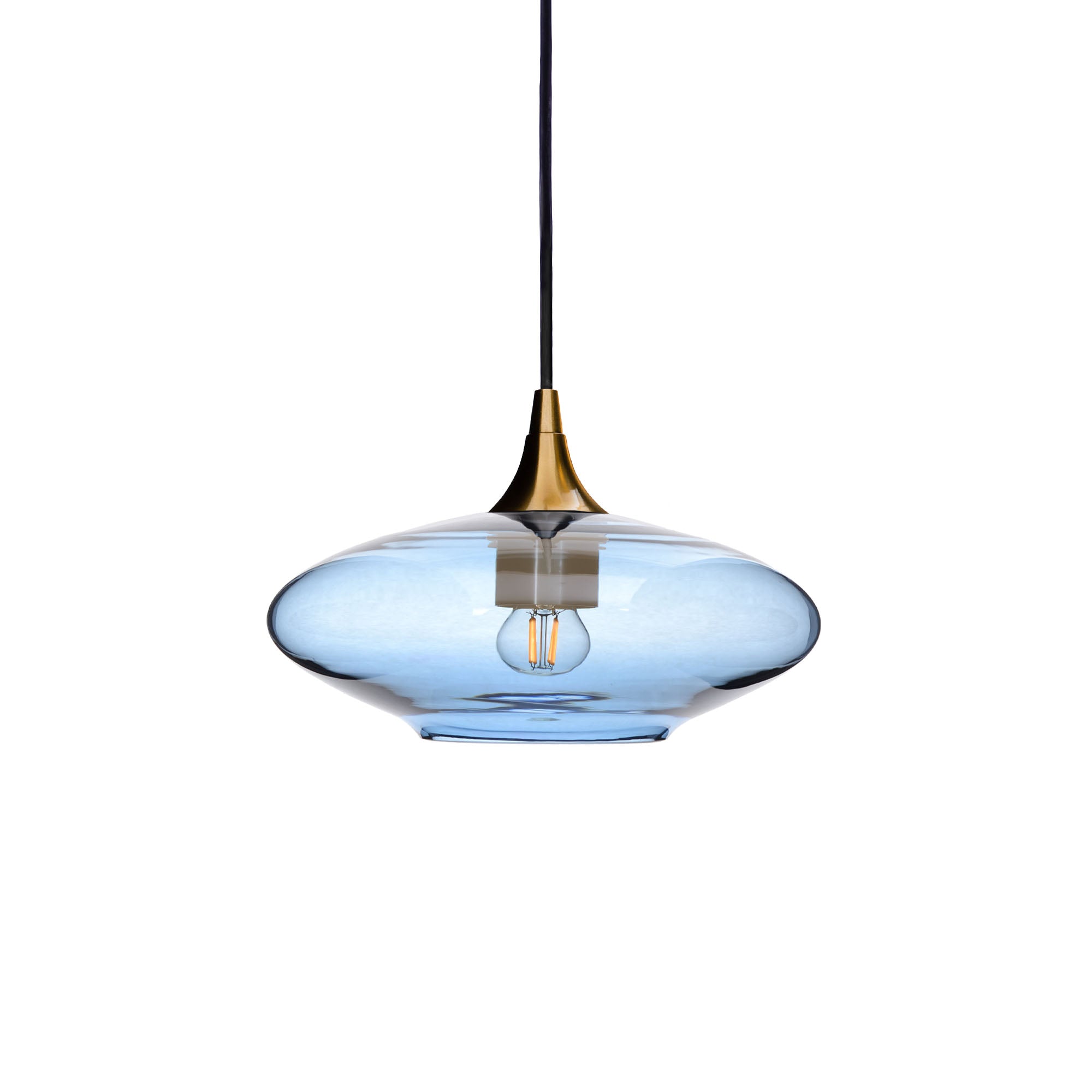 951 Single Pendant Light-Bicycle Glass Co-Polished Brass 15ft Cord + Track Mount-Lucent-Steel Blue-Bicycle Glass Co