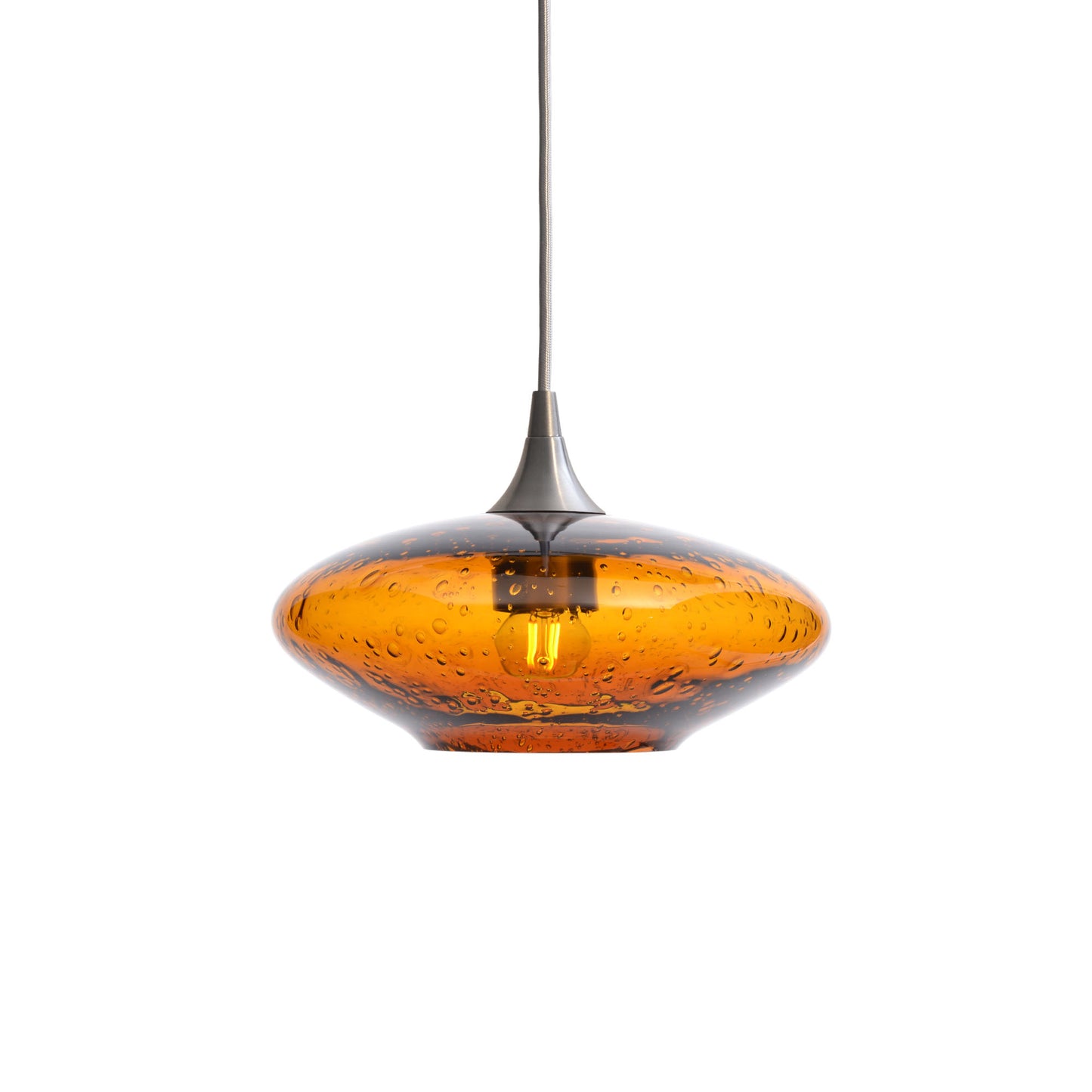 951 Single Pendant Light-Bicycle Glass Co-Brushed Nickel 15ft Cord + Track Mount-Lunar-Golden Amber-Bicycle Glass Co