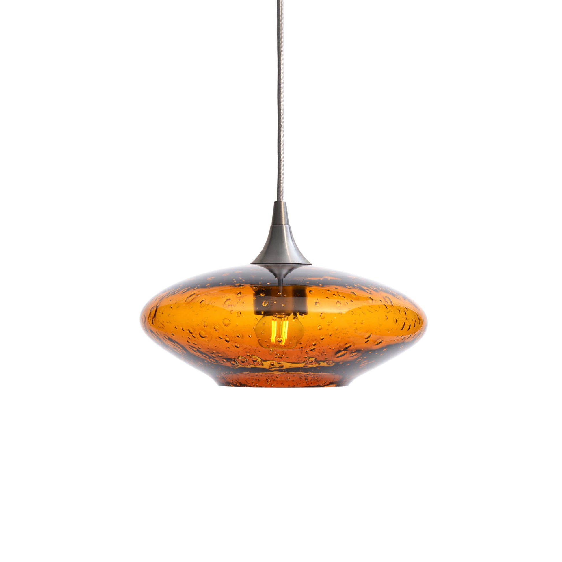 951 Single Pendant Light-Bicycle Glass Co-Brushed Nickel 15ft Cord + Track Mount-Lunar-Golden Amber-Bicycle Glass Co