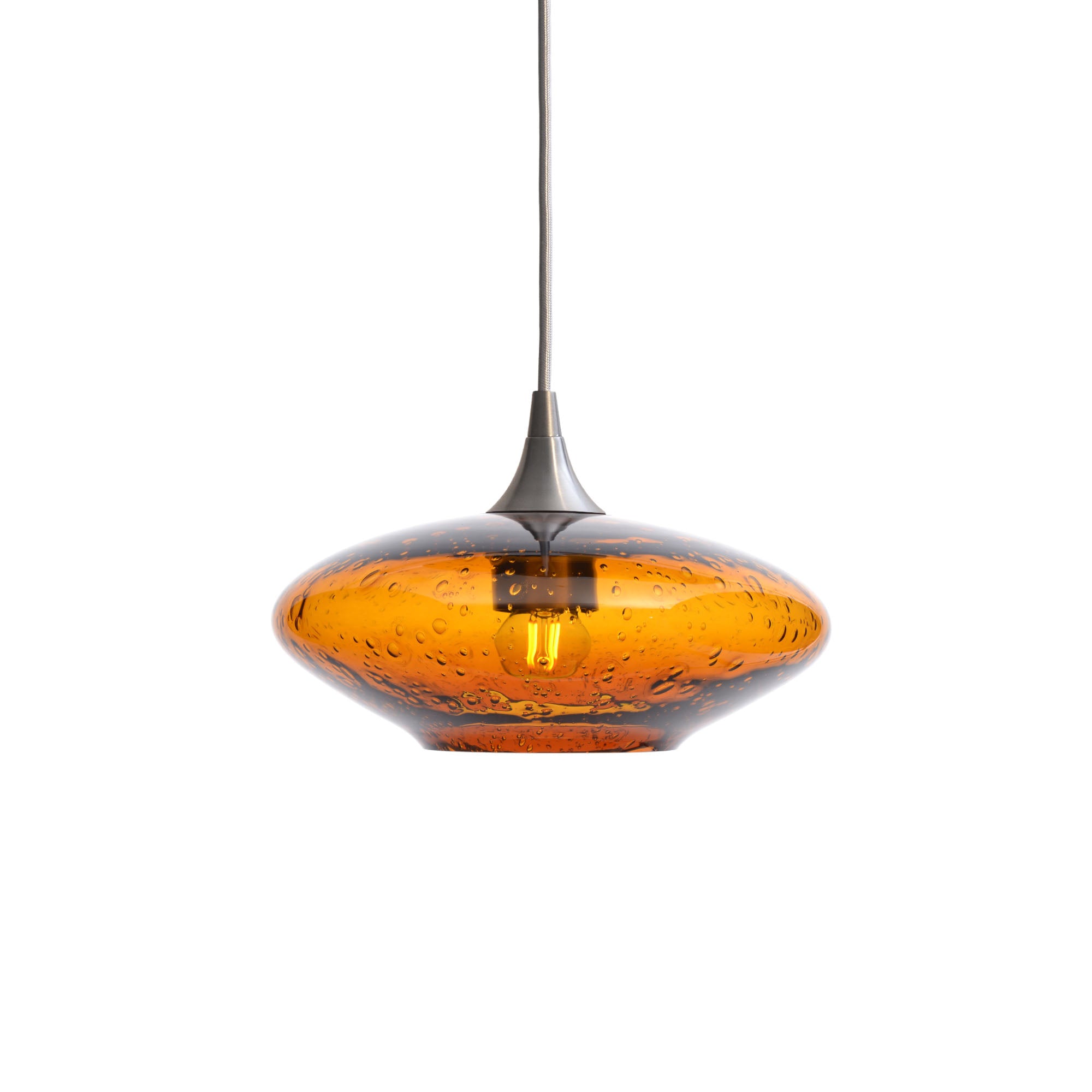 951 Single Pendant Light-Bicycle Glass Co-Brushed Nickel 15ft Cord + Track Mount-Lunar-Golden Amber-Bicycle Glass Co