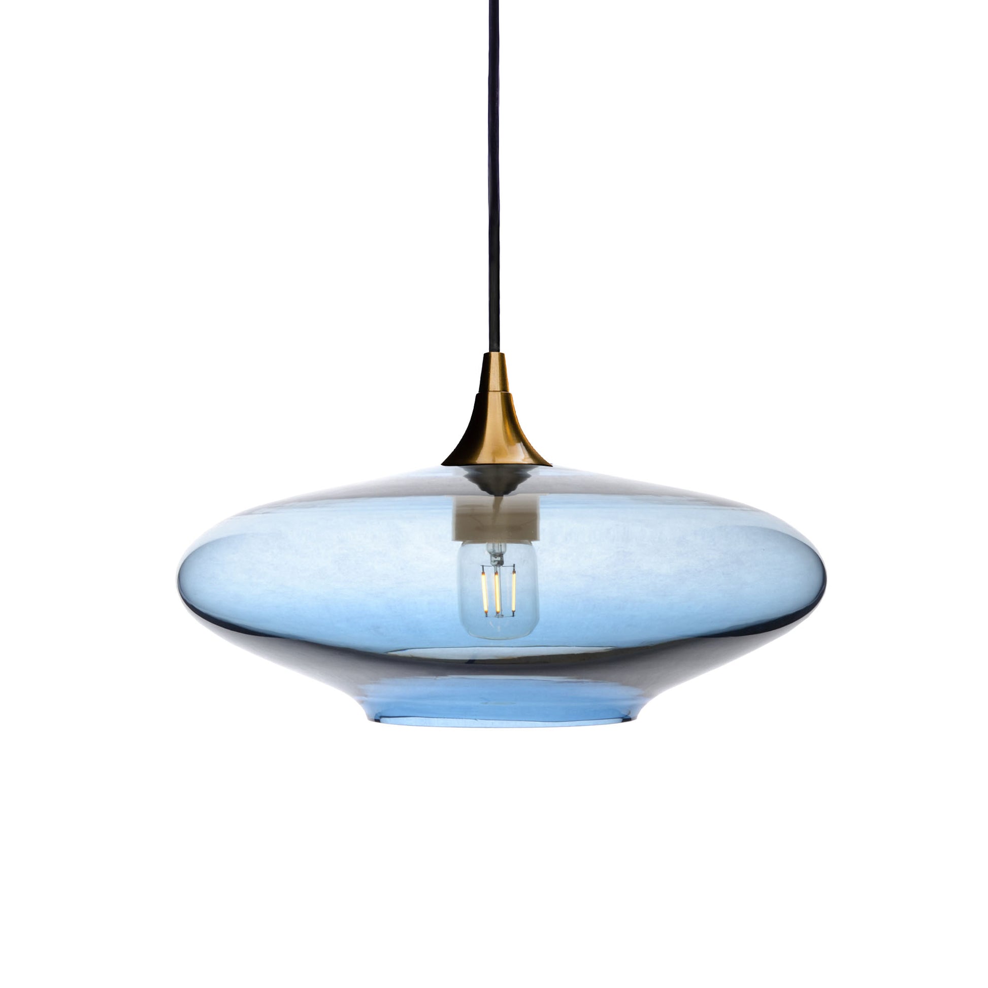 952 Single Pendant Light-Bicycle Glass Co-Polished Brass 15ft Cord + Track Mount-Lucent-Steel Blue-Bicycle Glass Co