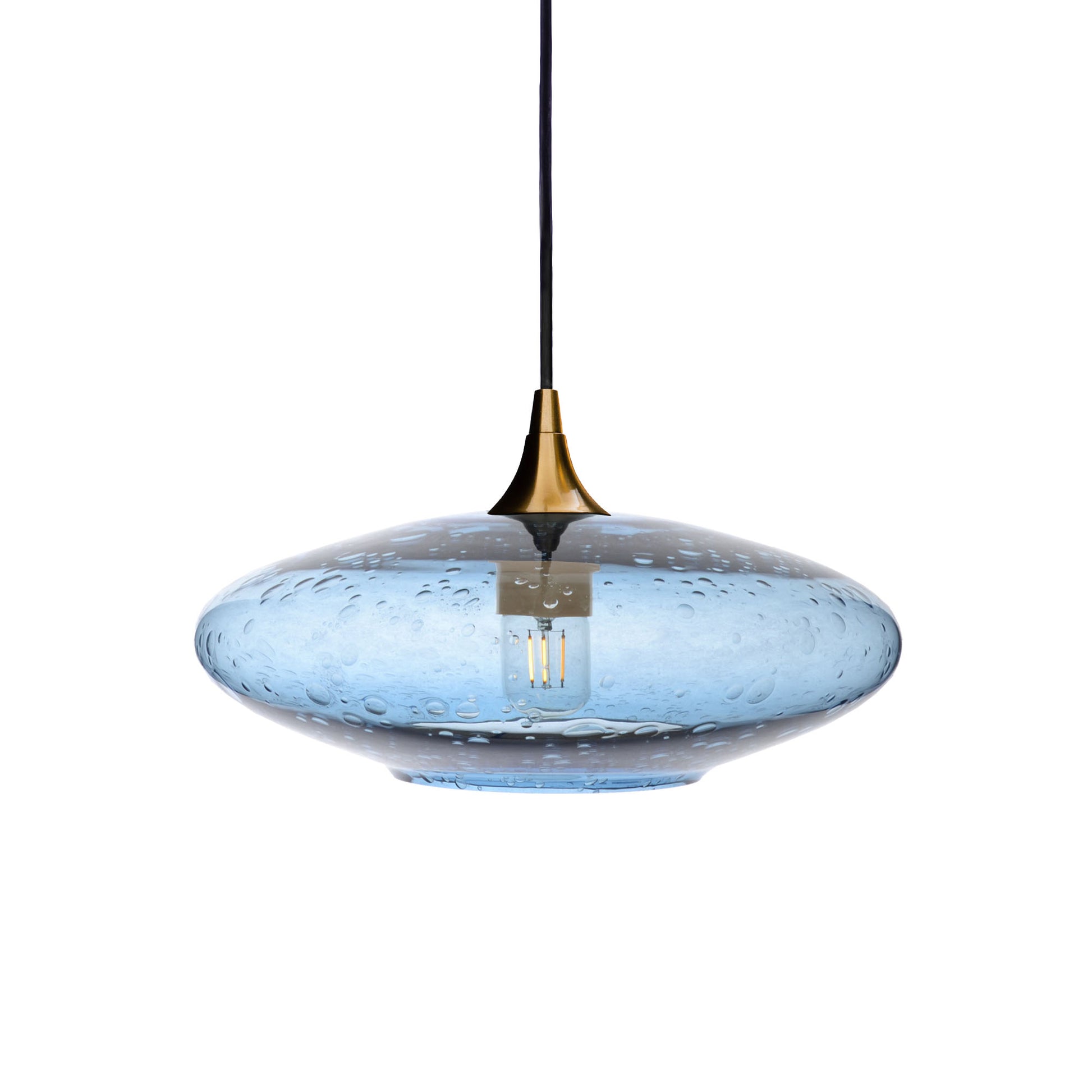 952 Single Pendant Light-Bicycle Glass Co-Polished Brass 15ft Cord + Track Mount-Lunar-Steel Blue-Bicycle Glass Co