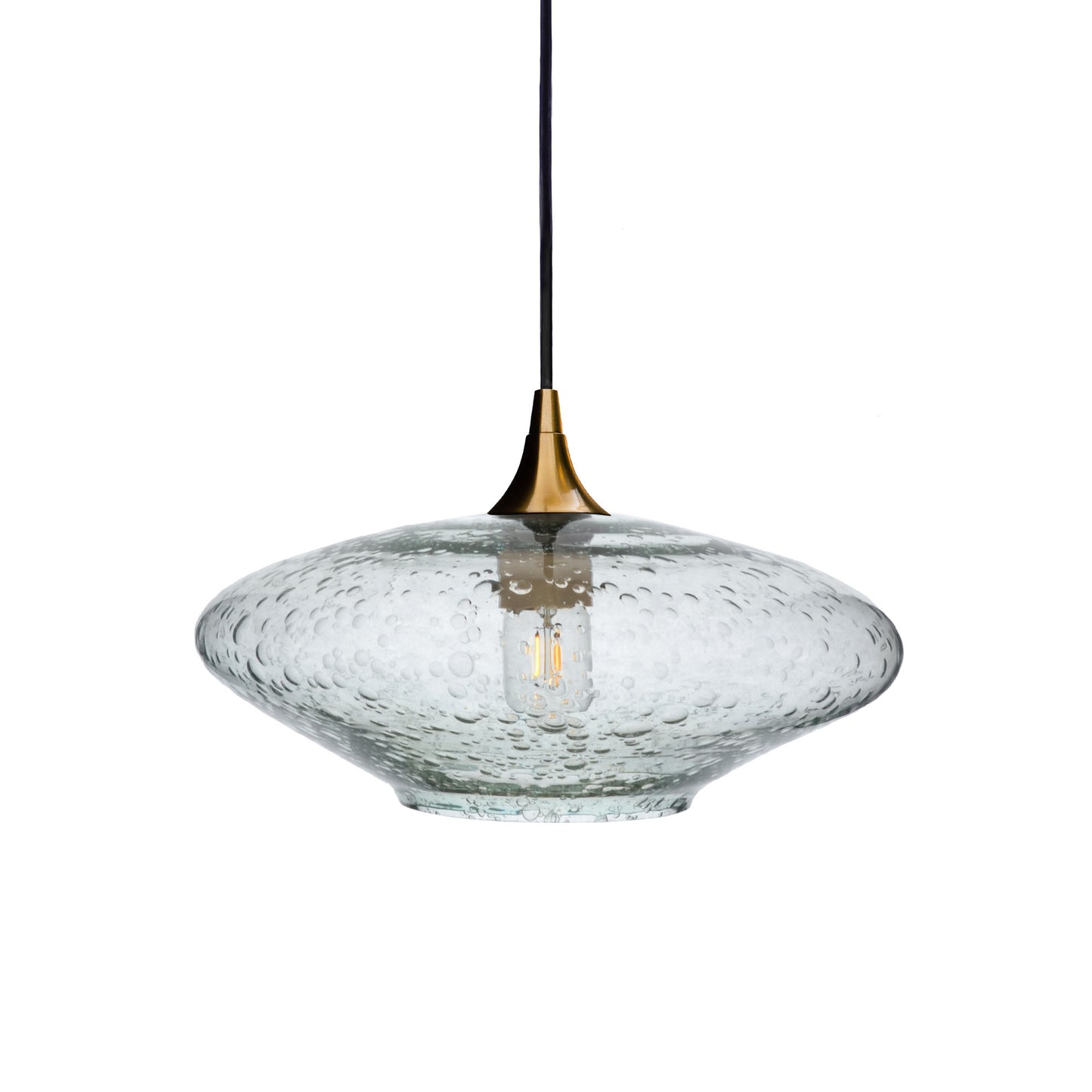 952 Single Pendant Light-Bicycle Glass Co-Polished Brass 15ft Cord + Track Mount-Lunar-Eco Clear-Bicycle Glass Co