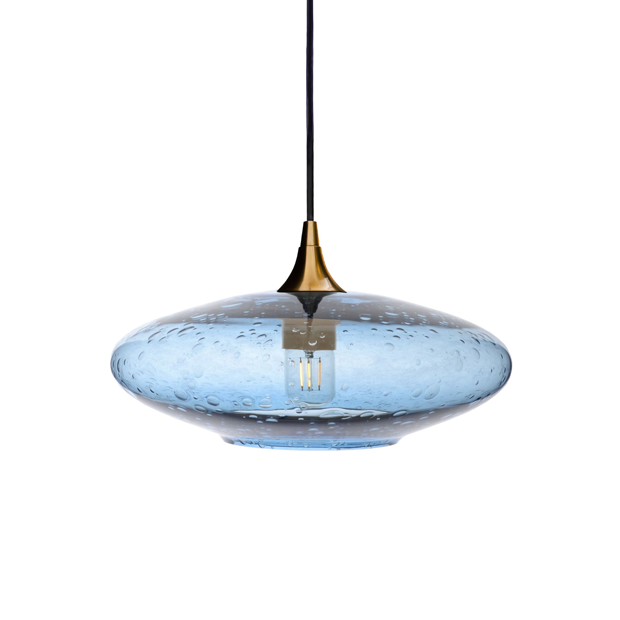 952 Single Pendant Light-Bicycle Glass Co-Polished Brass - 4ft Cord-Lunar-Steel Blue-Bicycle Glass Co