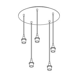 Simplified line drawing of Five Pendant Cascade Chandelier Hardware